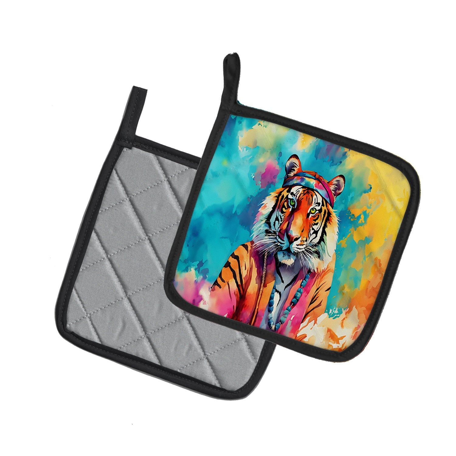 Hippie Animal Bengal Tiger Pot Holder Set of 2 Heat Resistant Quilted Hot Pads 7.5 x 7.5 Inch, Insulated Kitchen Trivets for Cooking & Baking