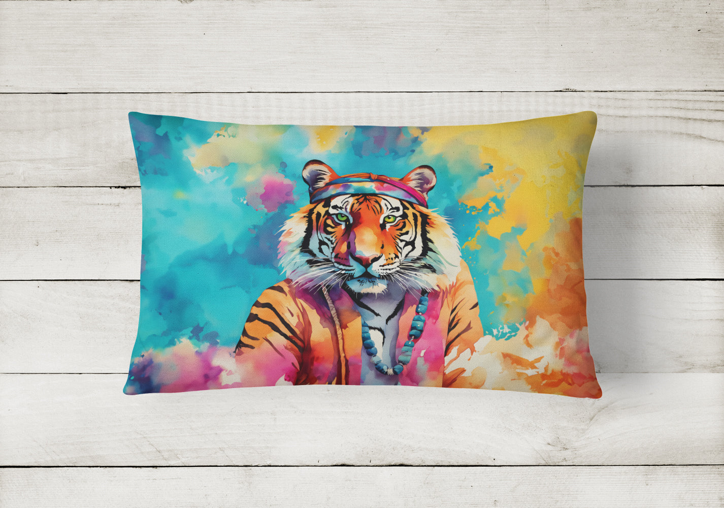 Hippie Animal Bengal Tiger Decorative Throw Pillow 12x16 Indoor Outdoor Accent Cushion, Fabric Cover with Insert for Sofa, Bed, Porch & Living Room