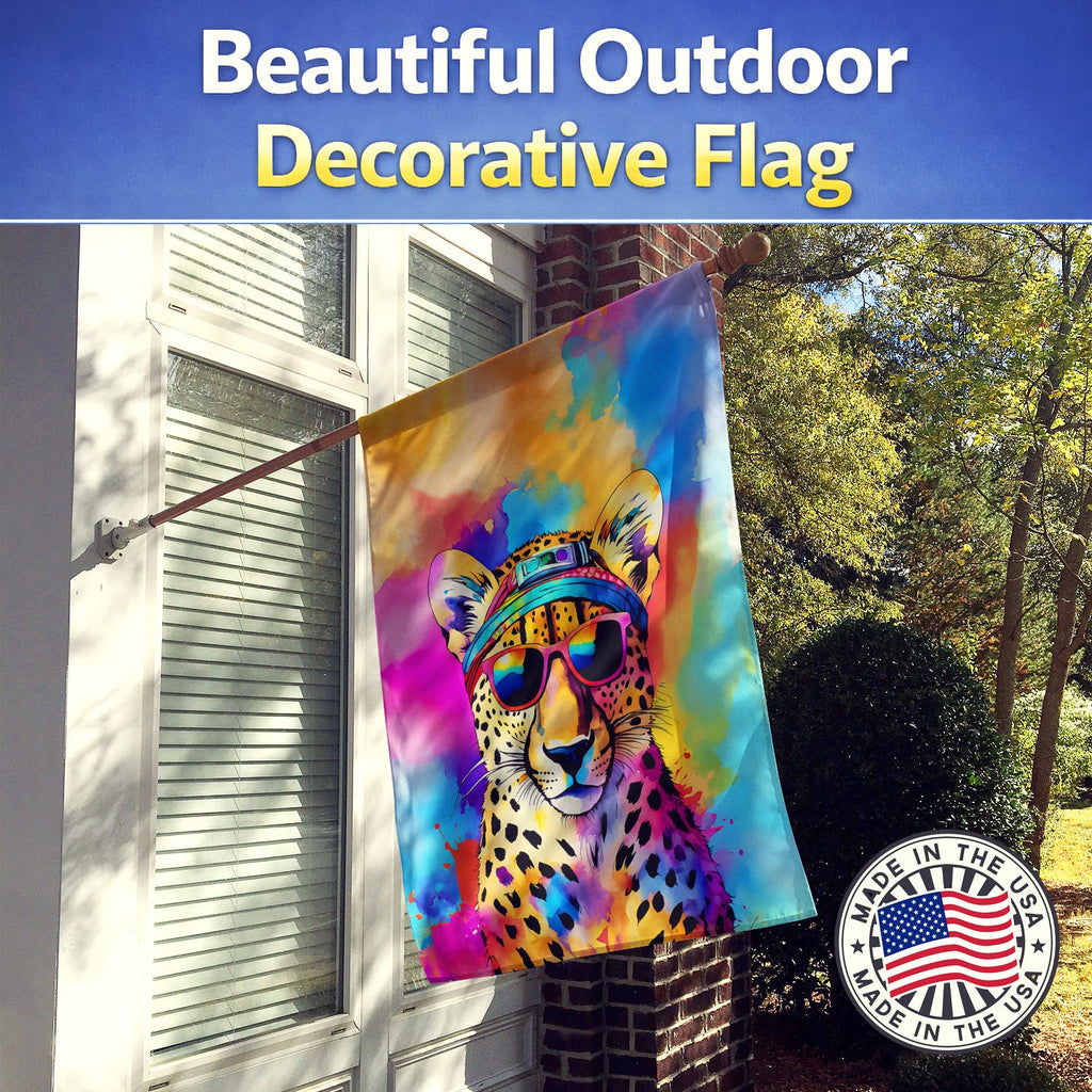 Hippie Animal Cheetah House Flag 28x40 Porch Sleeve Pole Decorative Outside Yard Banner Artwork Wall Hanging, Polyester
