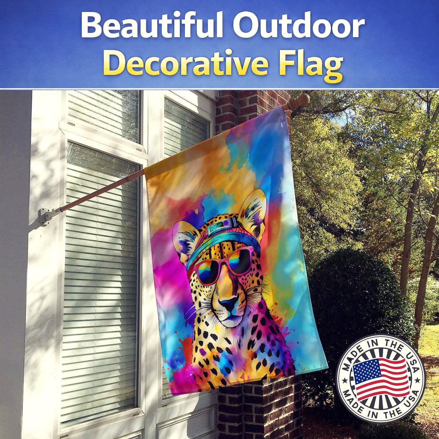 Hippie Animal Cheetah House Flag 28x40 Porch Sleeve Pole Decorative Outside Yard Banner Artwork Wall Hanging, Polyester