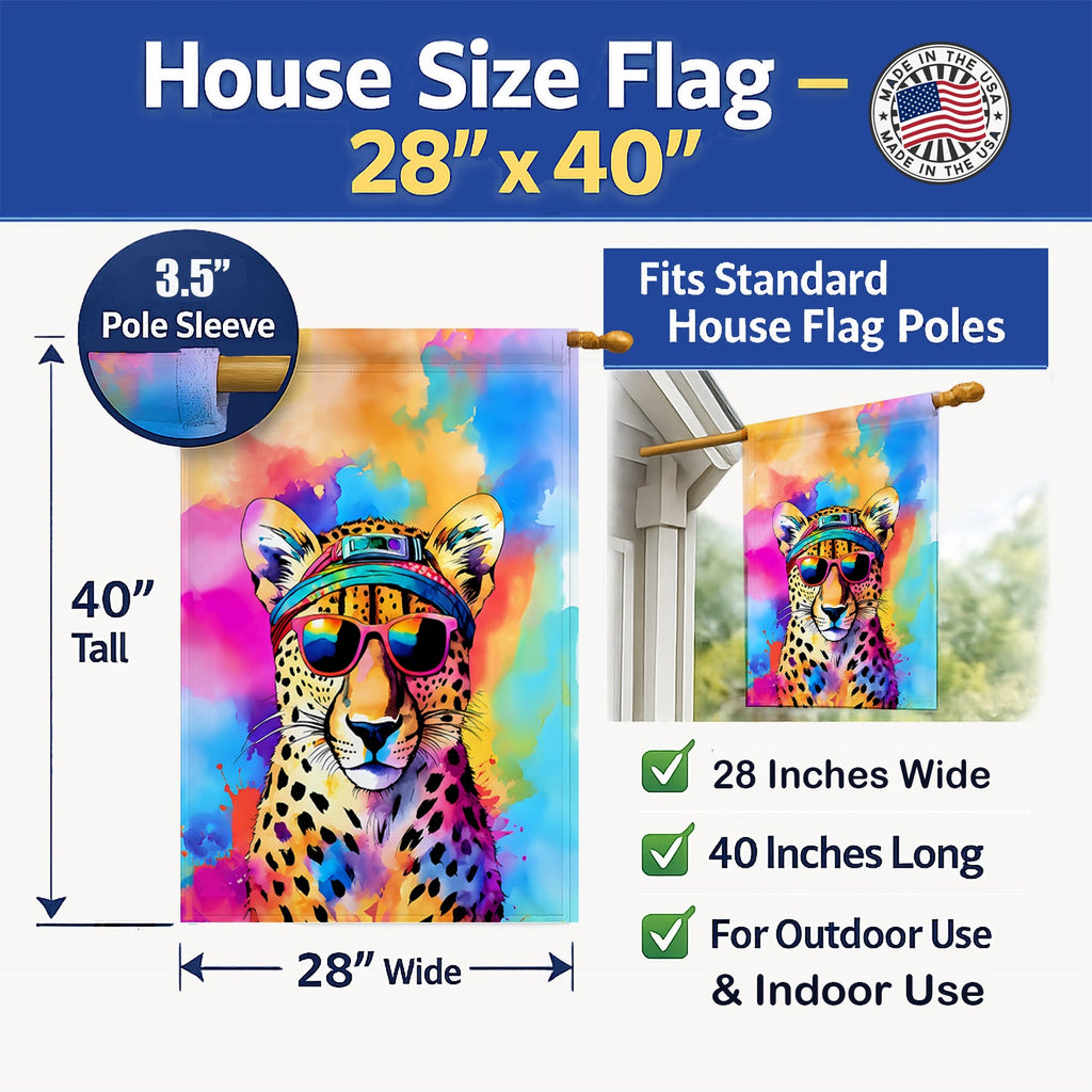 Hippie Animal Cheetah House Flag 28x40 Porch Sleeve Pole Decorative Outside Yard Banner Artwork Wall Hanging, Polyester