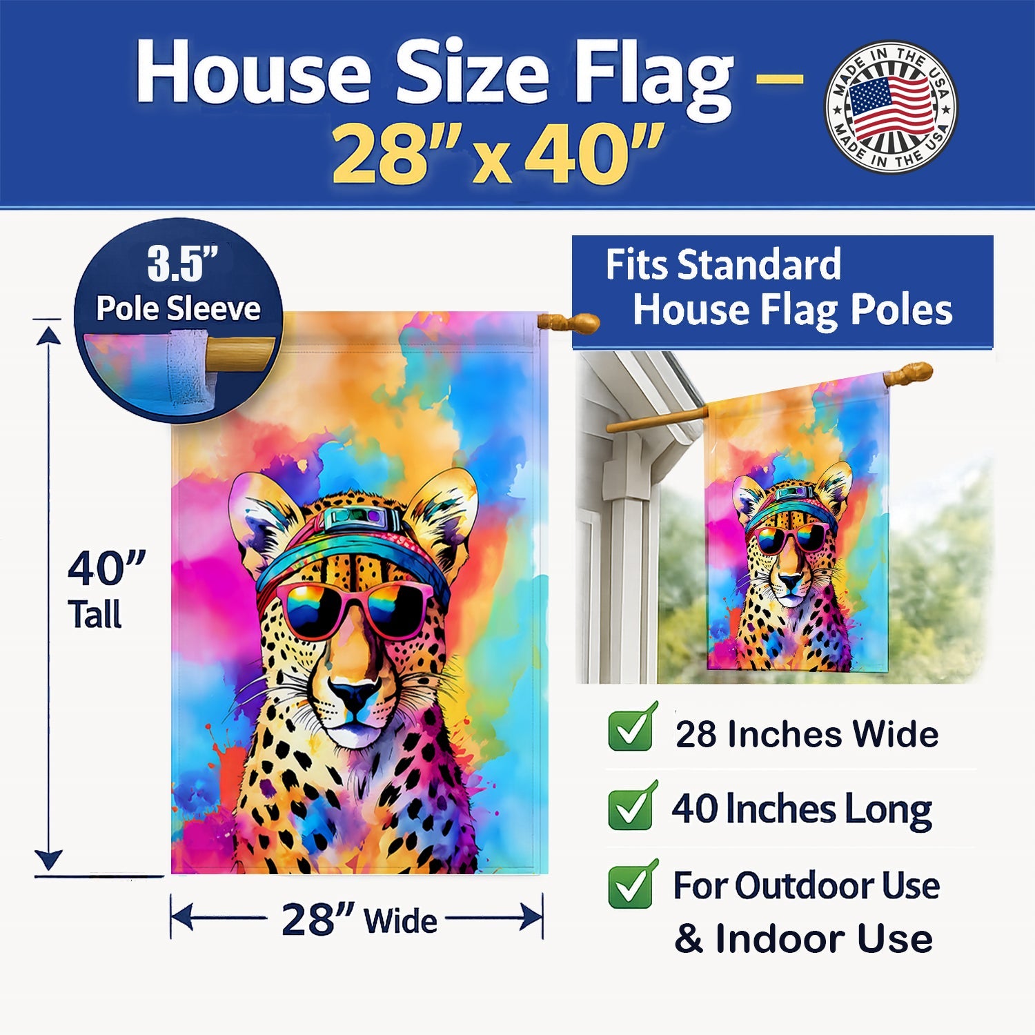 Hippie Animal Cheetah House Flag 28x40 Porch Sleeve Pole Decorative Outside Yard Banner Artwork Wall Hanging, Polyester