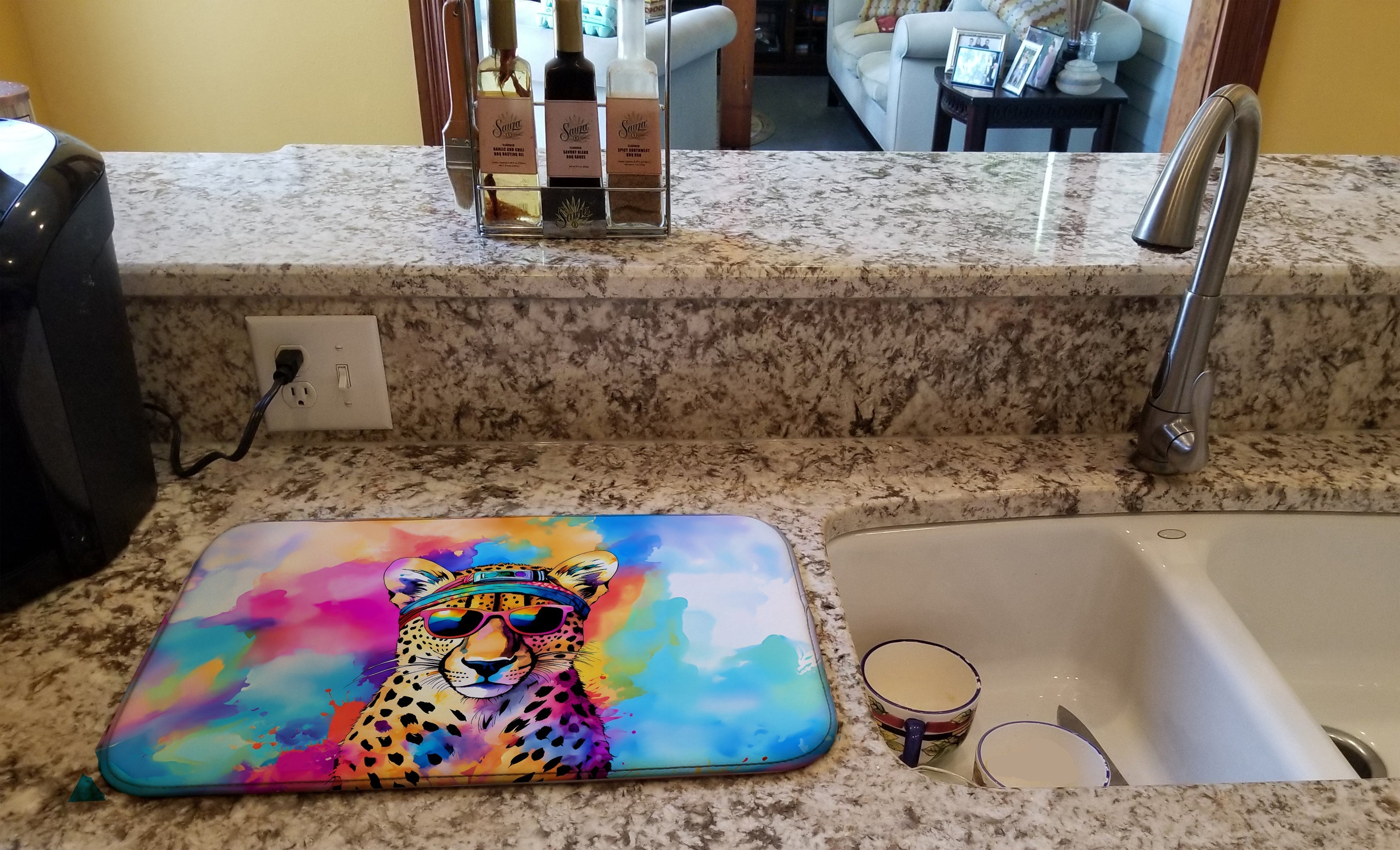 Hippie Animal Cheetah Dish Drying Mat Absorbent Dish Drying Mat Pad for Kitchen Counter Dish Drainer Mat for Countertop, 14 x 21", Multicolor
