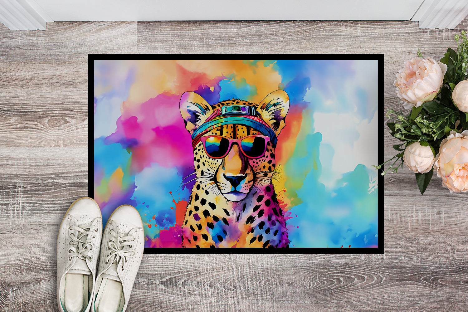 Hippie Animal Cheetah Doormat Indoor Outdoor 24H X 36W Front Door Mat Rugs for Entryway, Non Slip Washable Low Pile,