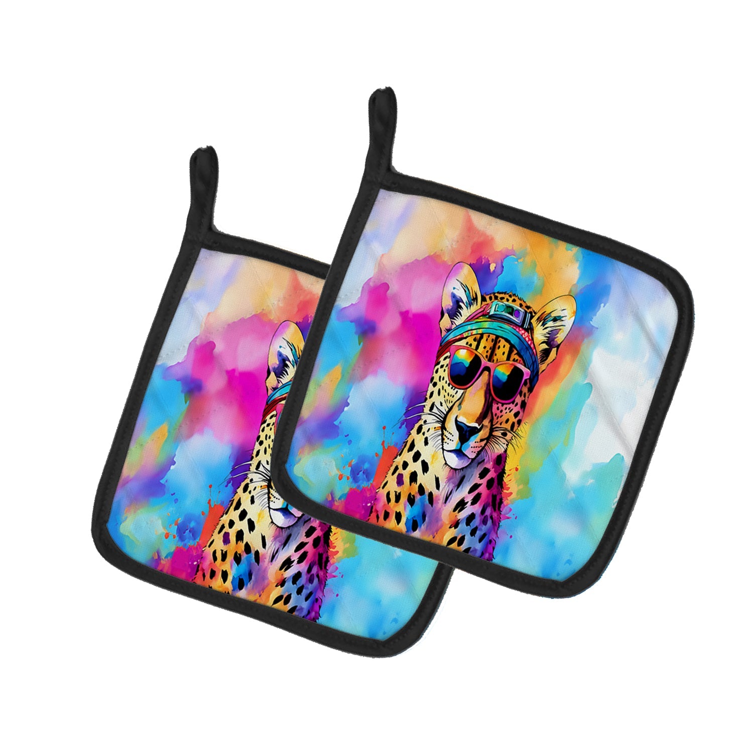 Hippie Animal Cheetah Pot Holder Set of 2 Heat Resistant Quilted Hot Pads 7.5 x 7.5 Inch, Insulated Kitchen Trivets for Cooking & Baking