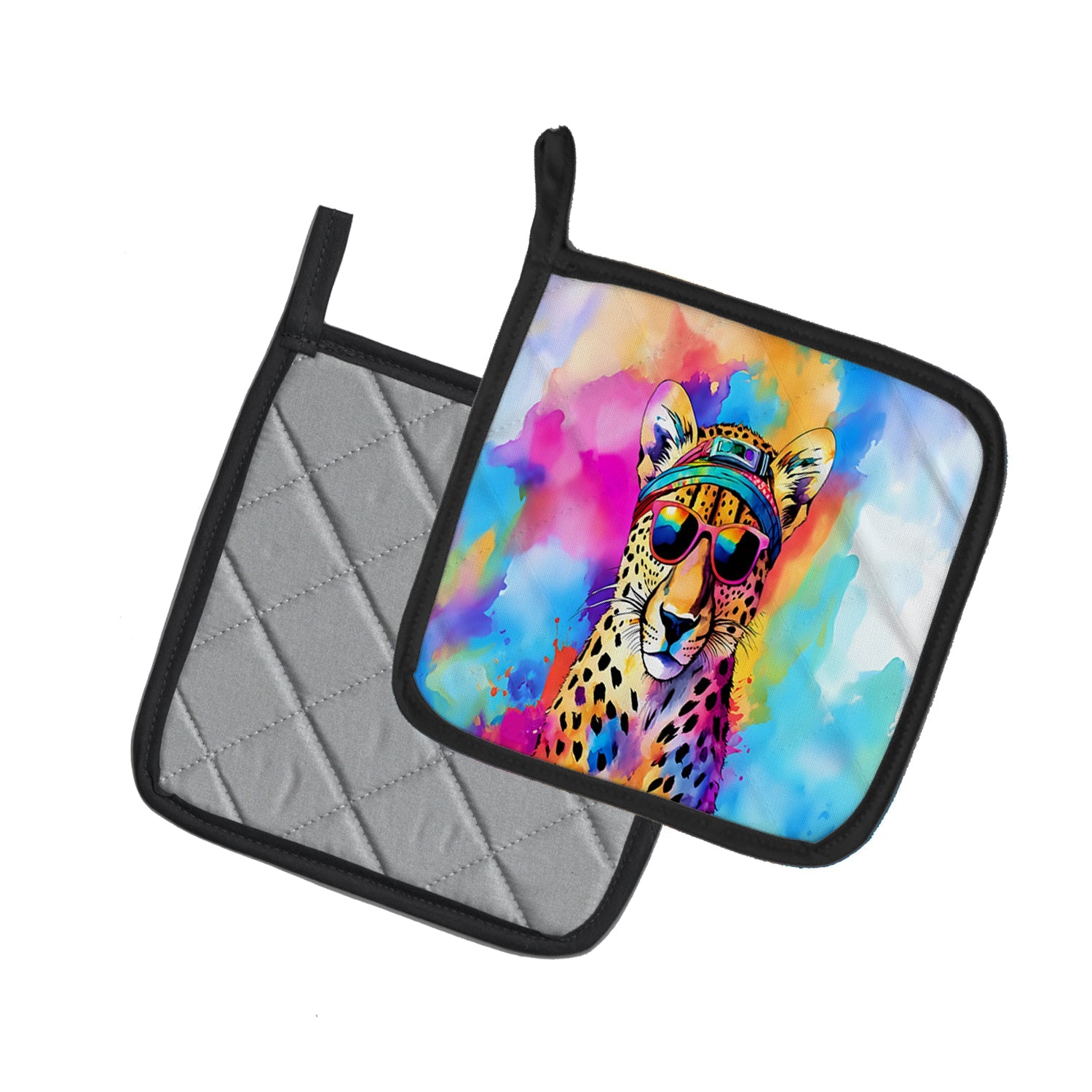 Hippie Animal Cheetah Pot Holder Set of 2 Heat Resistant Quilted Hot Pads 7.5 x 7.5 Inch, Insulated Kitchen Trivets for Cooking & Baking