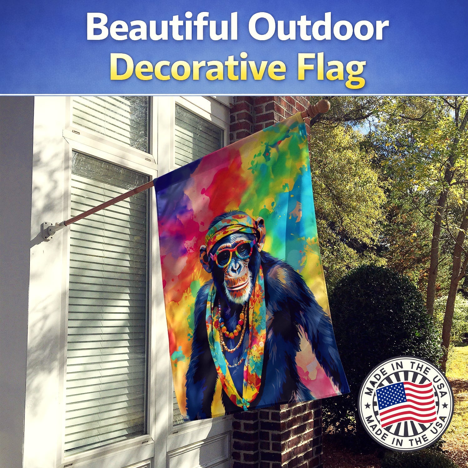 Hippie Animal Chimpanzee House Flag 28x40 Porch Sleeve Pole Decorative Outside Yard Banner Artwork Wall Hanging, Polyester
