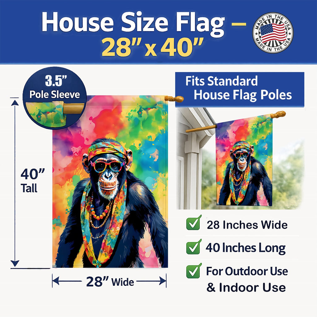 Hippie Animal Chimpanzee House Flag 28x40 Porch Sleeve Pole Decorative Outside Yard Banner Artwork Wall Hanging, Polyester
