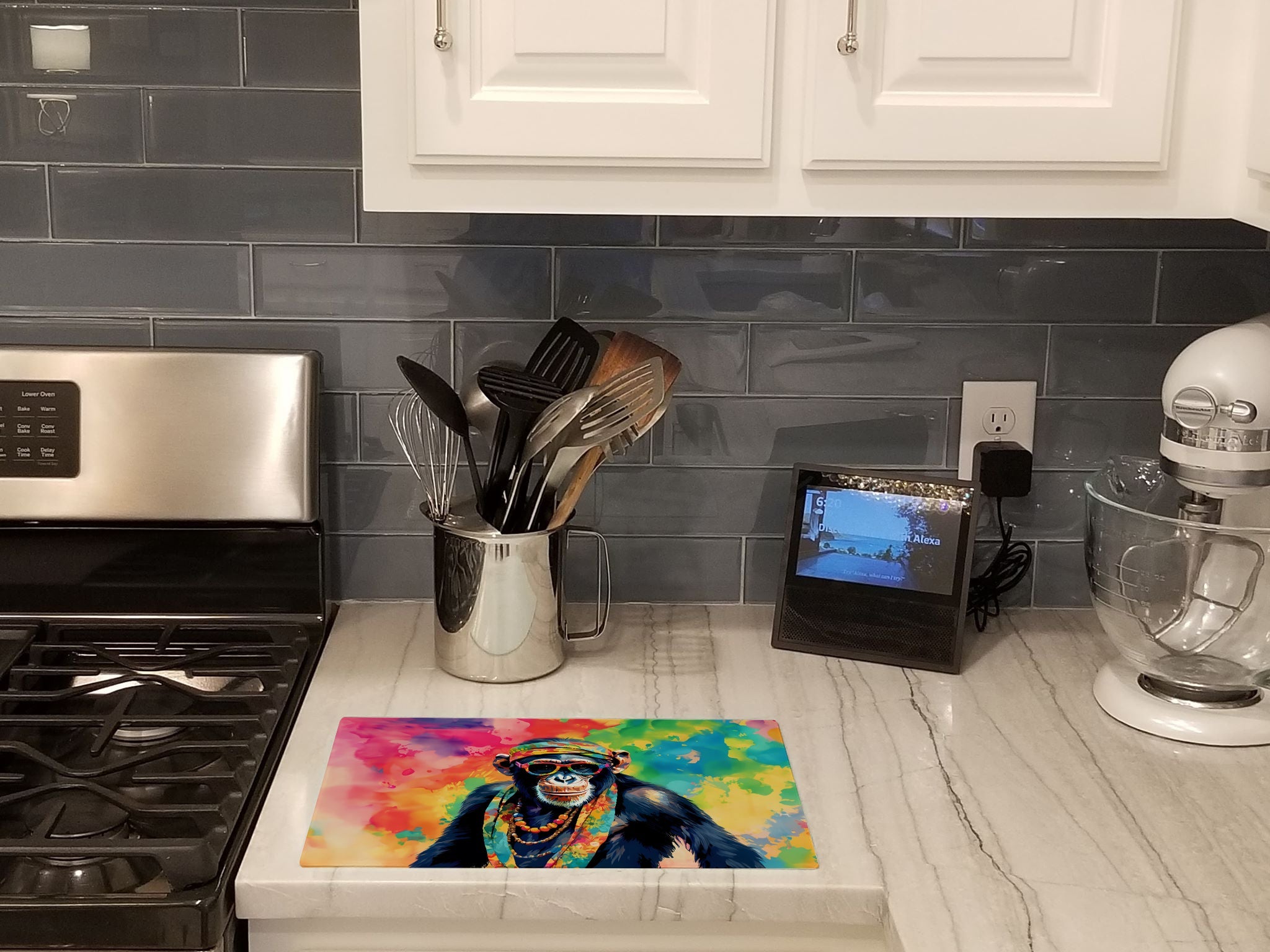 Hippie Animal Chimpanzee Cutting Board Tempered Glass Kitchen Cutting Surface, Heat Resistant Chopping, Non-Slip Feet, Food Prep & Serving