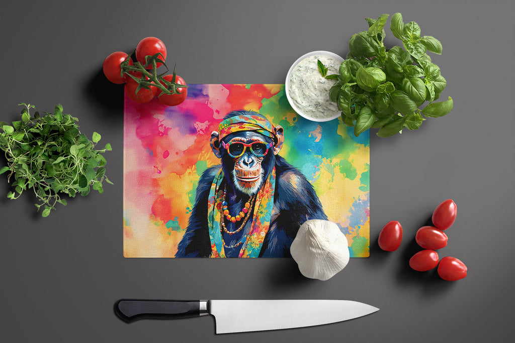 Hippie Animal Chimpanzee Cutting Board Tempered Glass Kitchen Cutting Surface, Heat Resistant Chopping, Non-Slip Feet, Food Prep & Serving