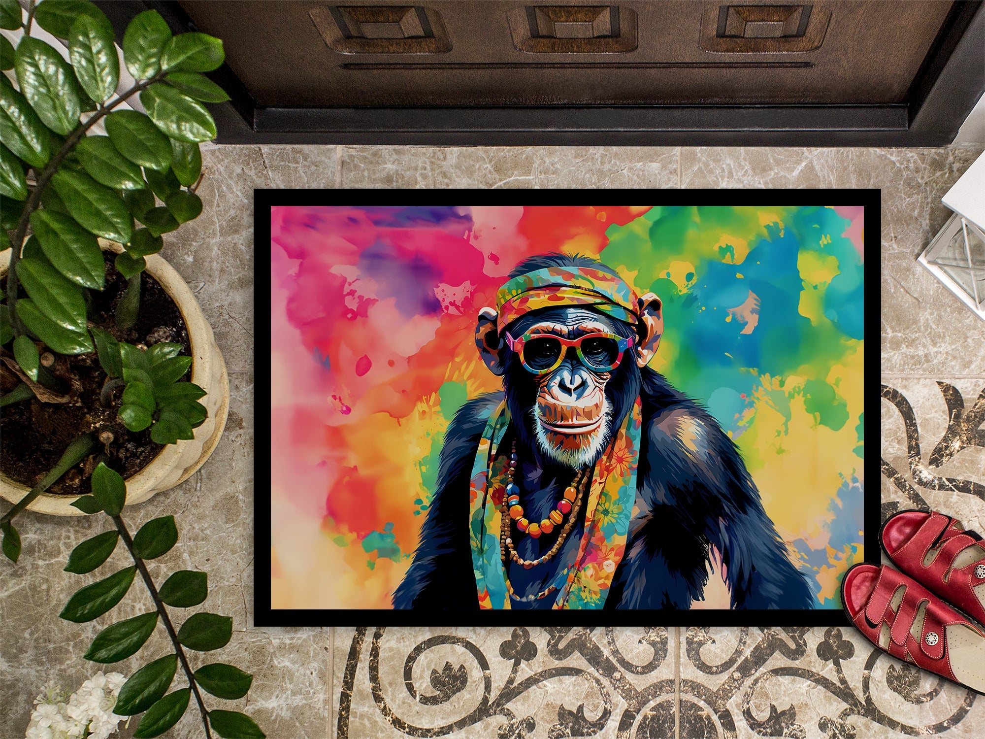 Hippie Animal Chimpanzee Doormat Indoor Outdoor 18H X 27W Front Door Mat Rugs for Entryway, Non Slip Washable