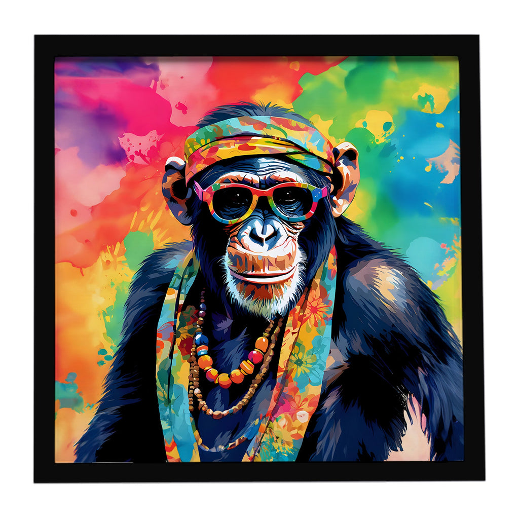 Hippie Animal Chimpanzee Framed Metal Print Bathroom, Kitchen, Office, Home Decor Wall Art Ready to Hang, Square, 8X8