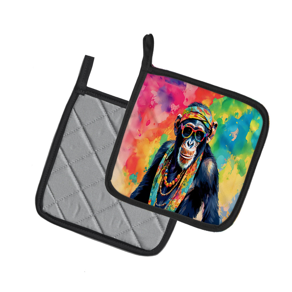 Hippie Animal Chimpanzee Pot Holder Set of 2 Heat Resistant Quilted Hot Pads 7.5 x 7.5 Inch, Insulated Kitchen Trivets for Cooking & Baking
