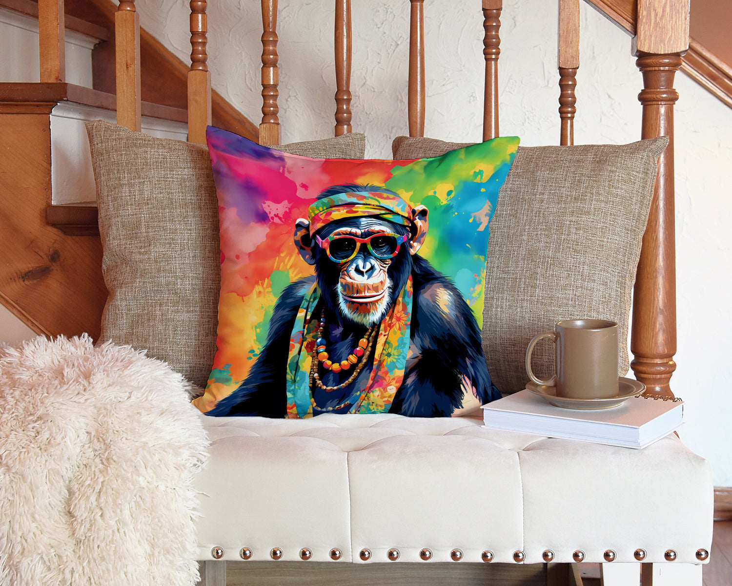Hippie Animal Chimpanzee Decorative Throw Pillow 14x14 Indoor Outdoor Accent Cushion, Fabric Cover with Insert for Sofa, Bed, Porch & Living Room