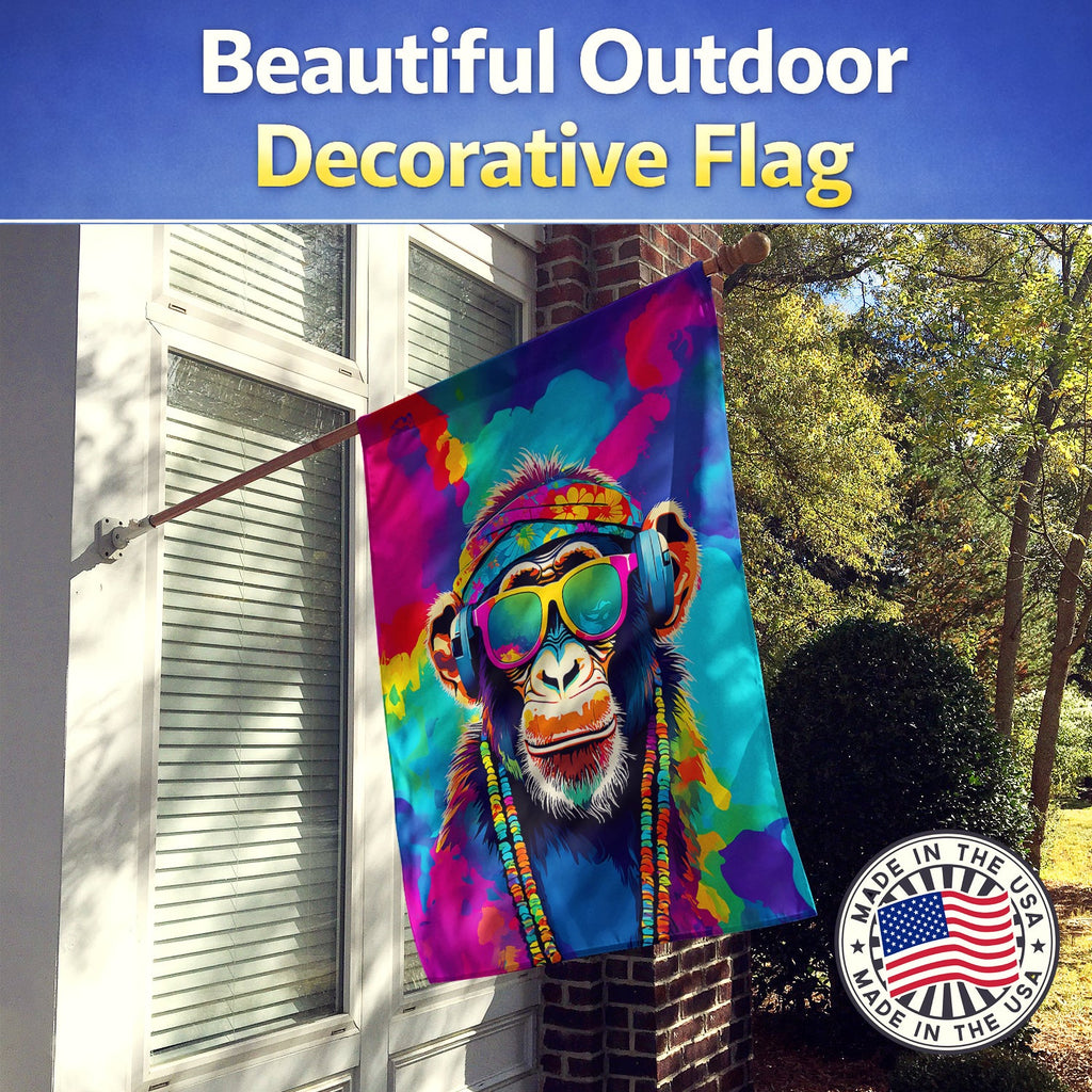 Hippie Animal Chimpanzee House Flag 28x40 Porch Sleeve Pole Decorative Outside Yard Banner Artwork Wall Hanging, Polyester