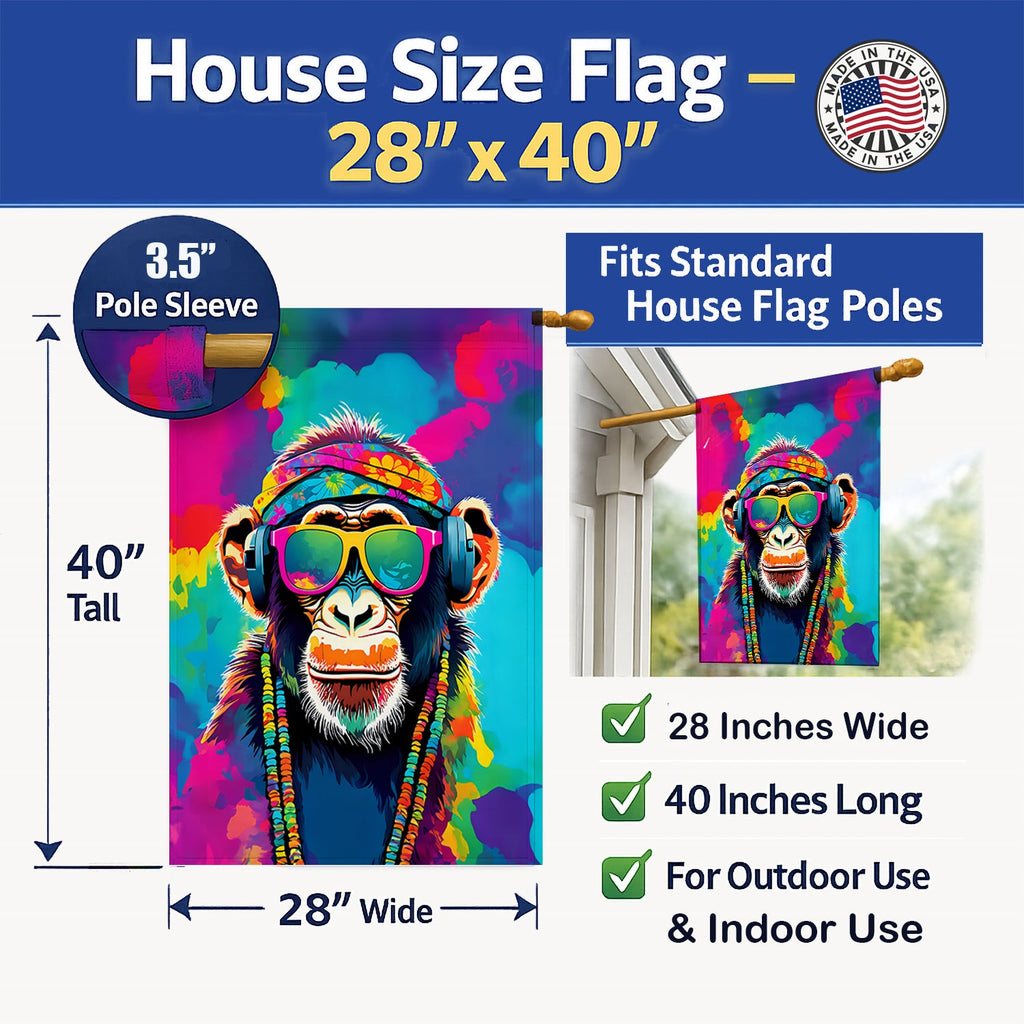 Hippie Animal Chimpanzee House Flag 28x40 Porch Sleeve Pole Decorative Outside Yard Banner Artwork Wall Hanging, Polyester