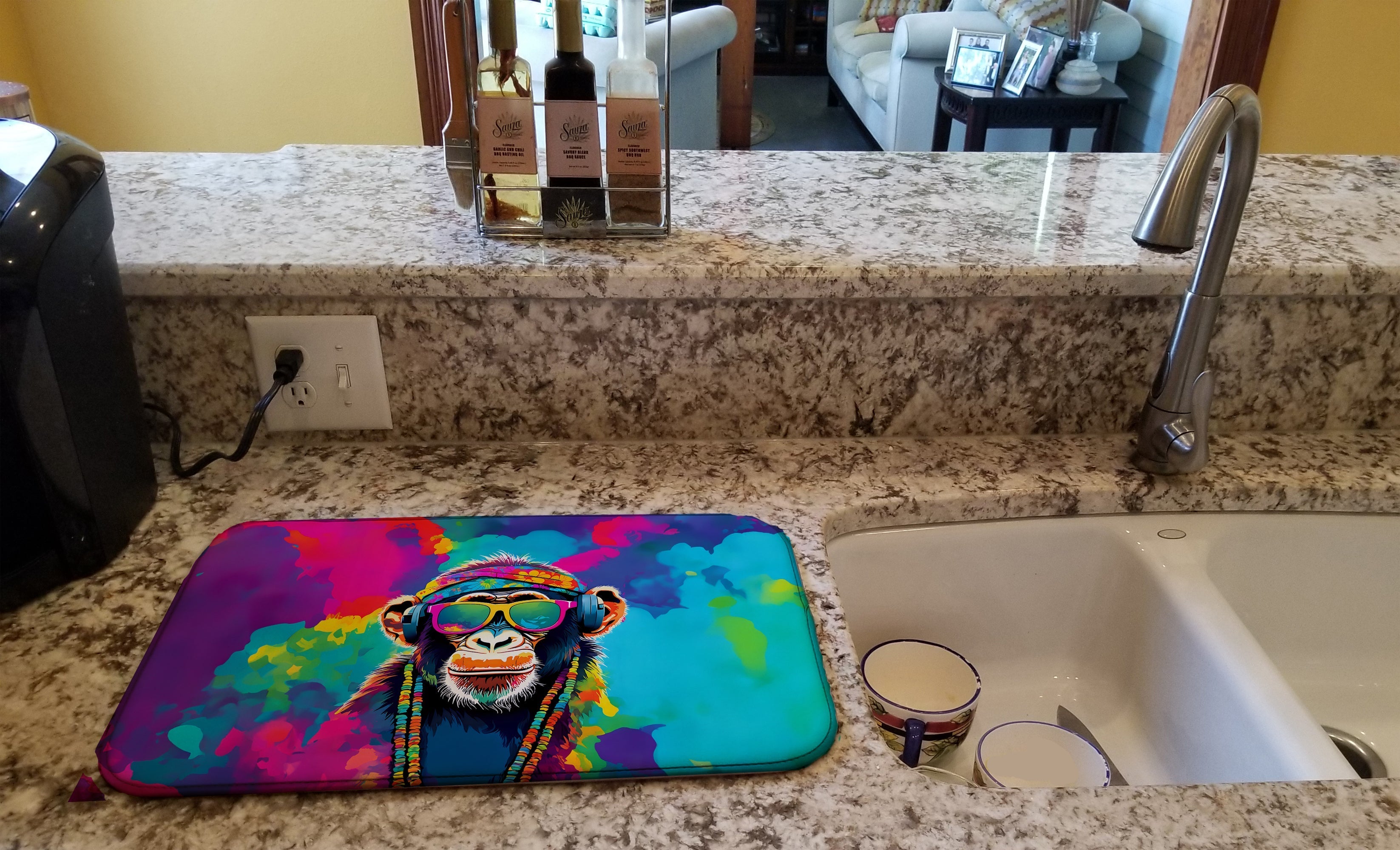 Hippie Animal Chimpanzee Dish Drying Mat Absorbent Dish Drying Mat Pad for Kitchen Counter Dish Drainer Mat for Countertop, 14 x 21", Multicolor