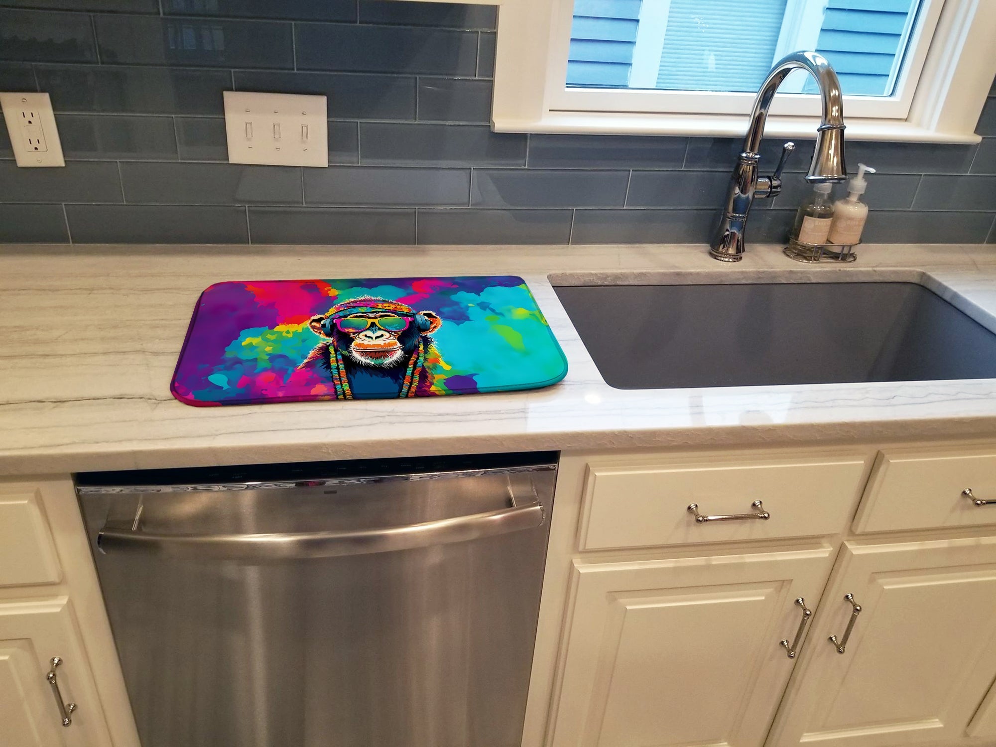 Hippie Animal Chimpanzee Dish Drying Mat Absorbent Dish Drying Mat Pad for Kitchen Counter Dish Drainer Mat for Countertop, 14 x 21", Multicolor