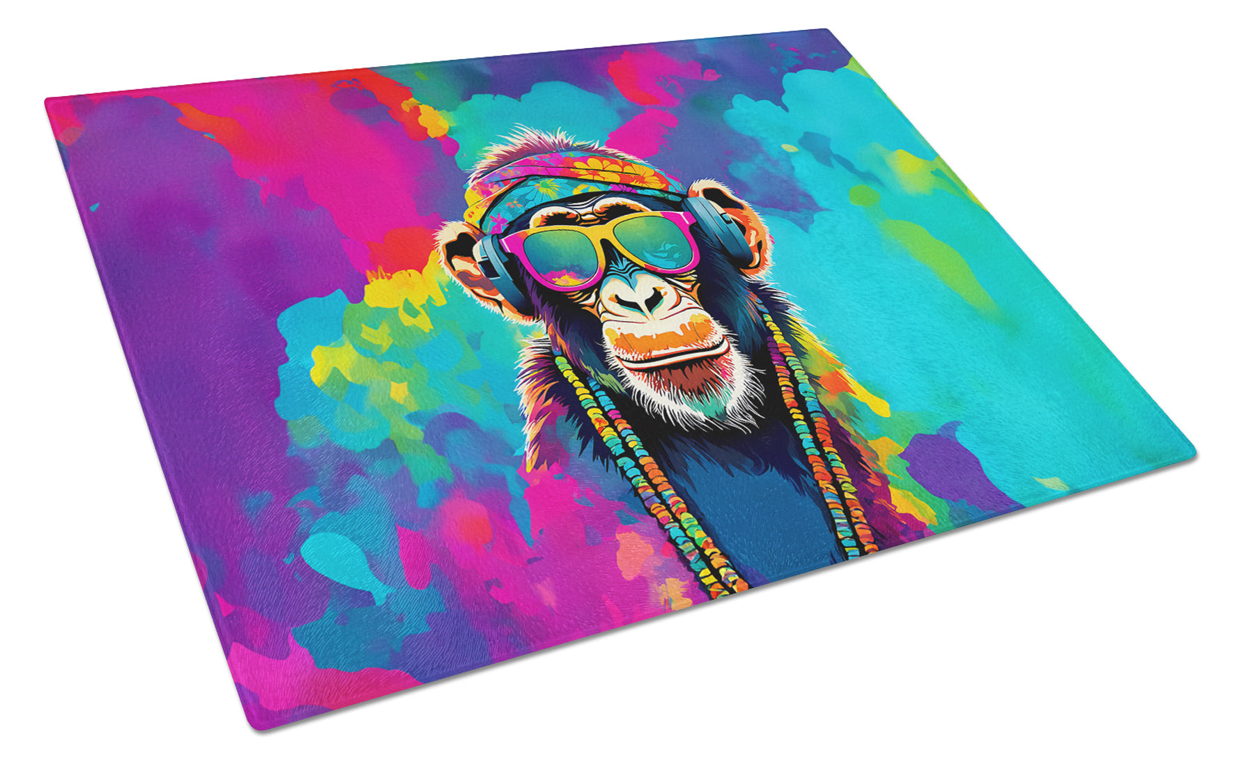 Hippie Animal Chimpanzee Cutting Board Tempered Glass Kitchen Cutting Surface, Heat Resistant Chopping, Non-Slip Feet, Food Prep & Serving
