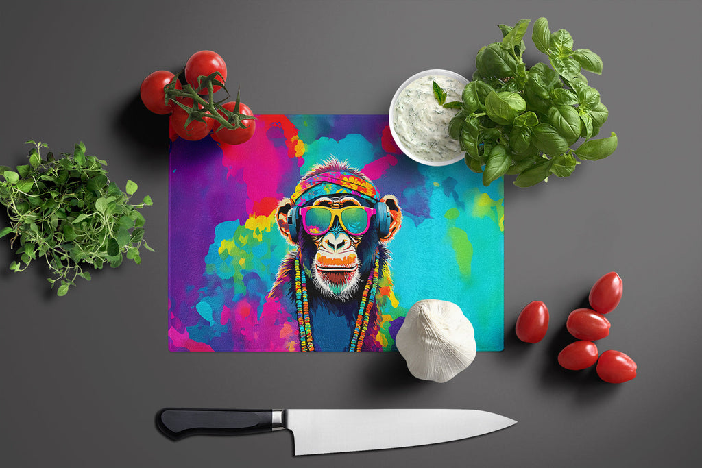 Hippie Animal Chimpanzee Cutting Board Tempered Glass Kitchen Cutting Surface, Heat Resistant Chopping, Non-Slip Feet, Food Prep & Serving