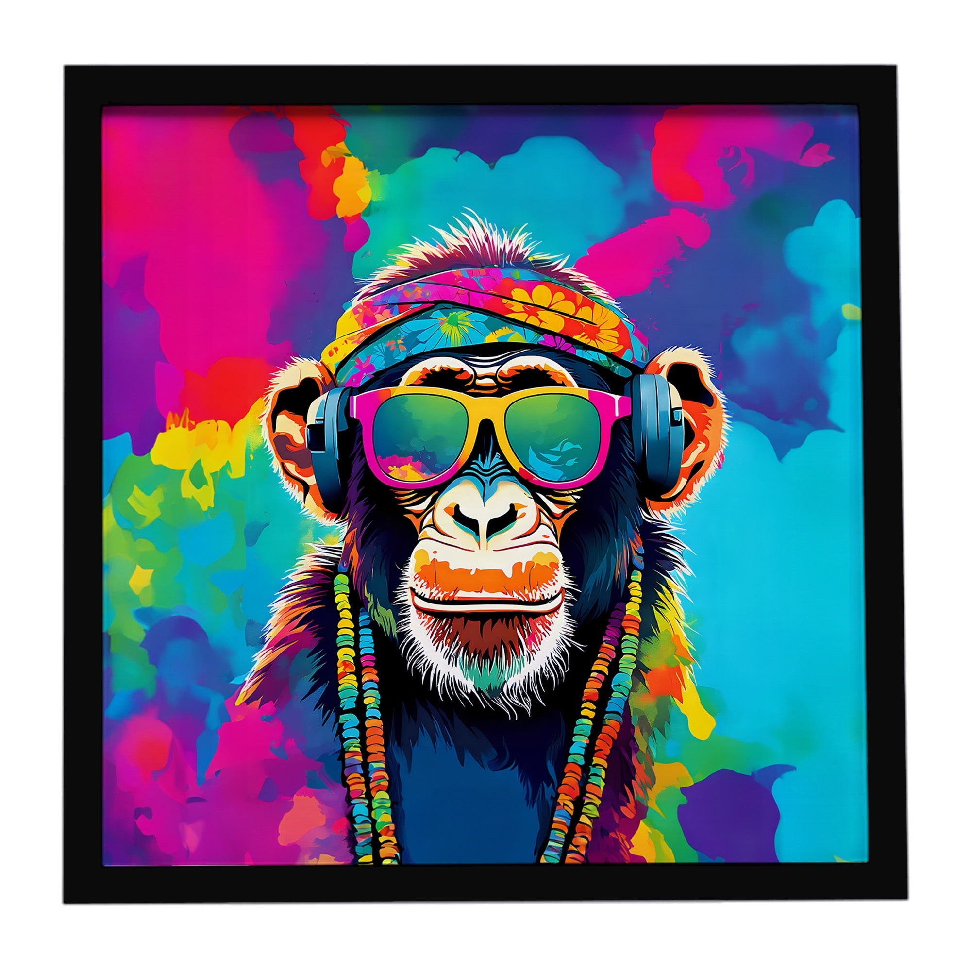 Hippie Animal Chimpanzee Framed Metal Print Bathroom, Kitchen, Office, Home Decor Wall Art Ready to Hang, Square, 8X8