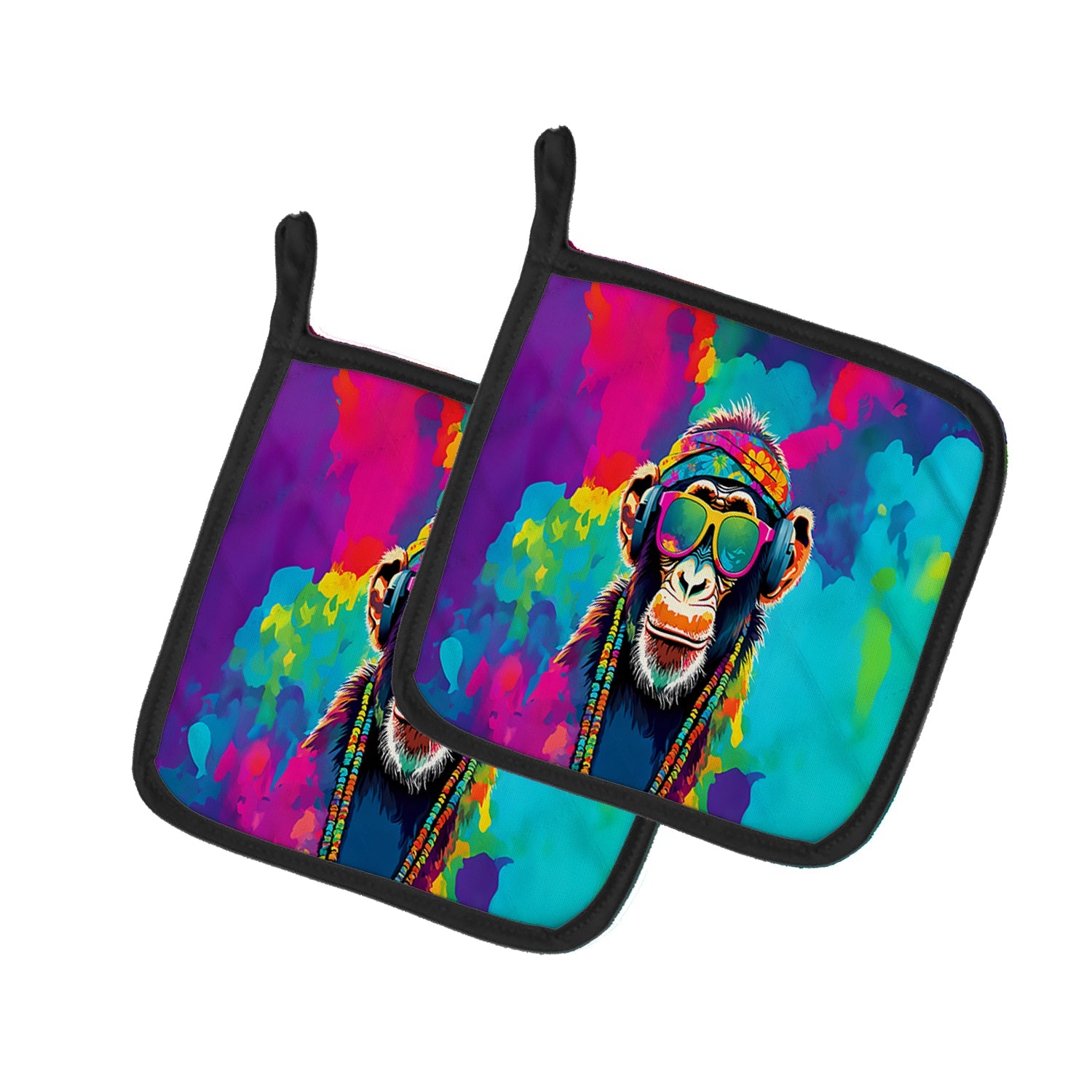 Hippie Animal Chimpanzee Pot Holder Set of 2 Heat Resistant Quilted Hot Pads 7.5 x 7.5 Inch, Insulated Kitchen Trivets for Cooking & Baking