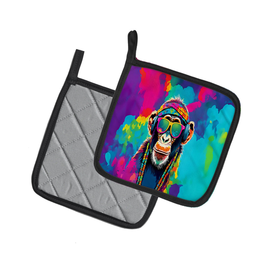 Hippie Animal Chimpanzee Pot Holder Set of 2 Heat Resistant Quilted Hot Pads 7.5 x 7.5 Inch, Insulated Kitchen Trivets for Cooking & Baking