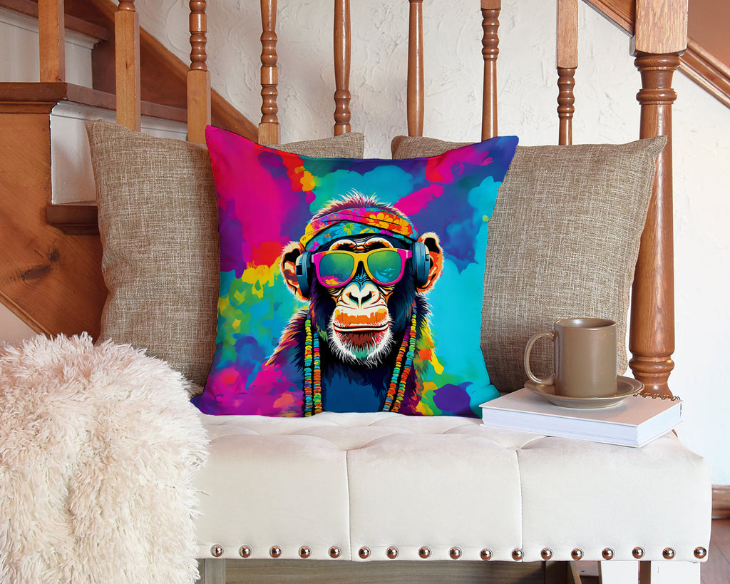 Hippie Animal Chimpanzee Decorative Throw Pillow 14x14 Indoor Outdoor Accent Cushion, Fabric Cover with Insert for Sofa, Bed, Porch & Living Room