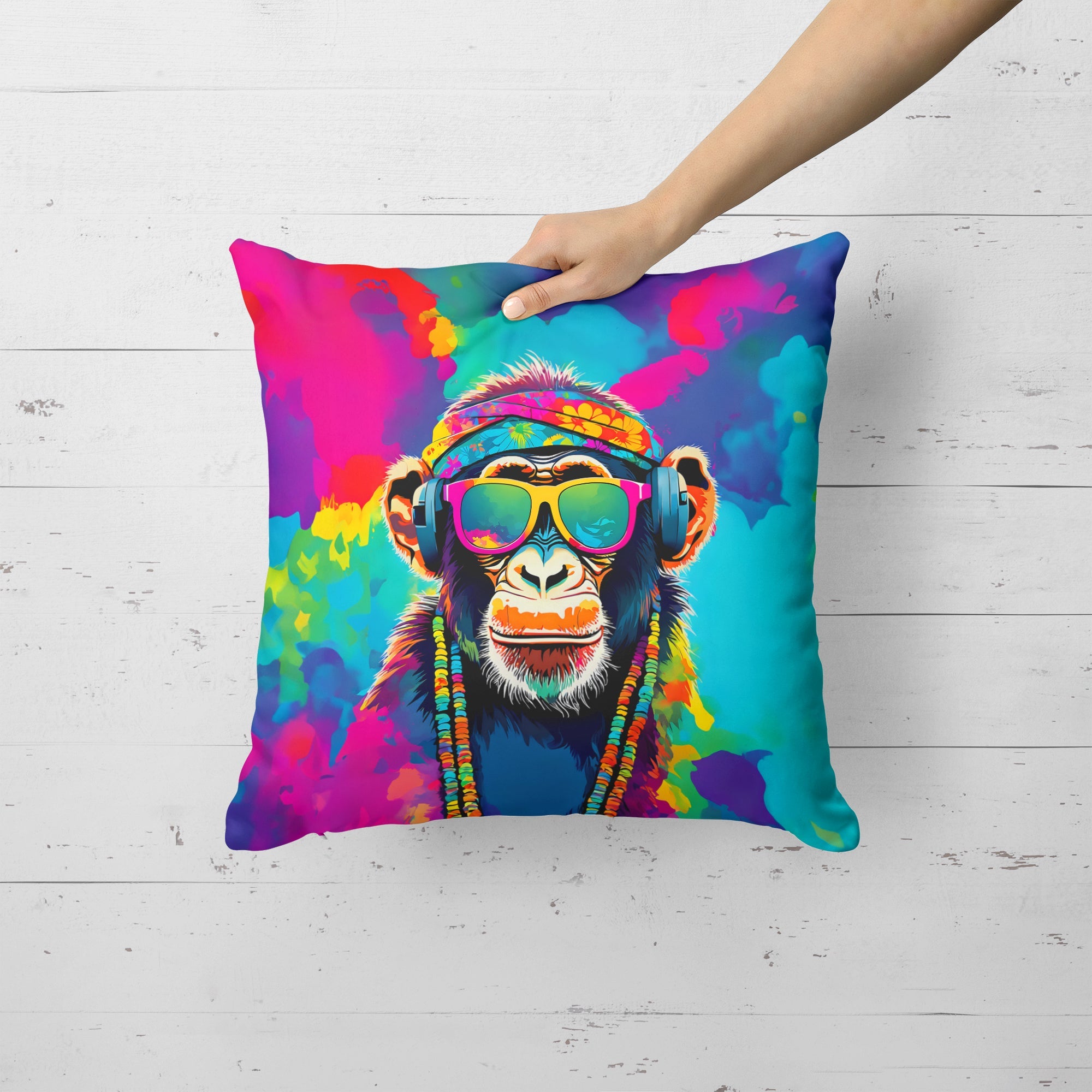 Hippie Animal Chimpanzee Decorative Throw Pillow 18x18 Indoor Outdoor Accent Cushion, Fabric Cover with Insert for Sofa, Bed, Porch & Living Room