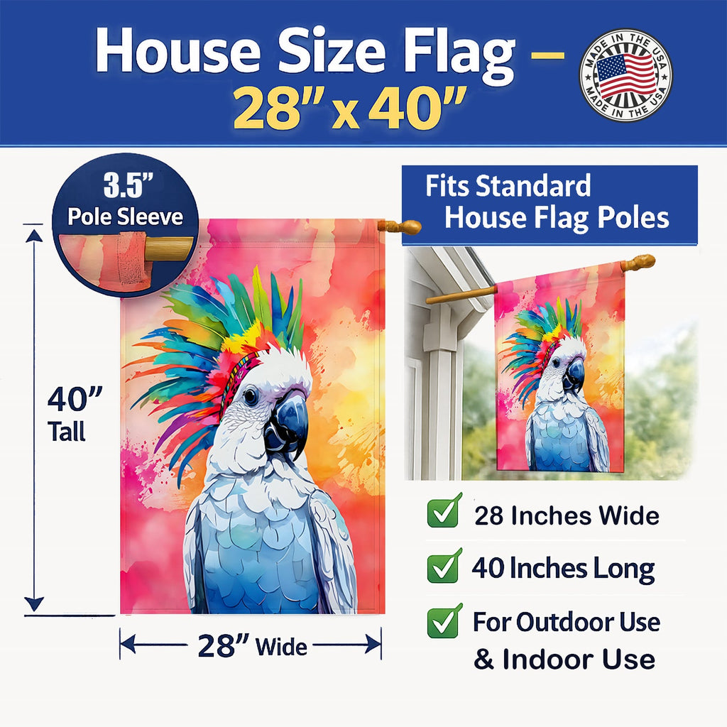 Hippie Animal Cockatoo House Flag 28x40 Porch Sleeve Pole Decorative Outside Yard Banner Artwork Wall Hanging, Polyester