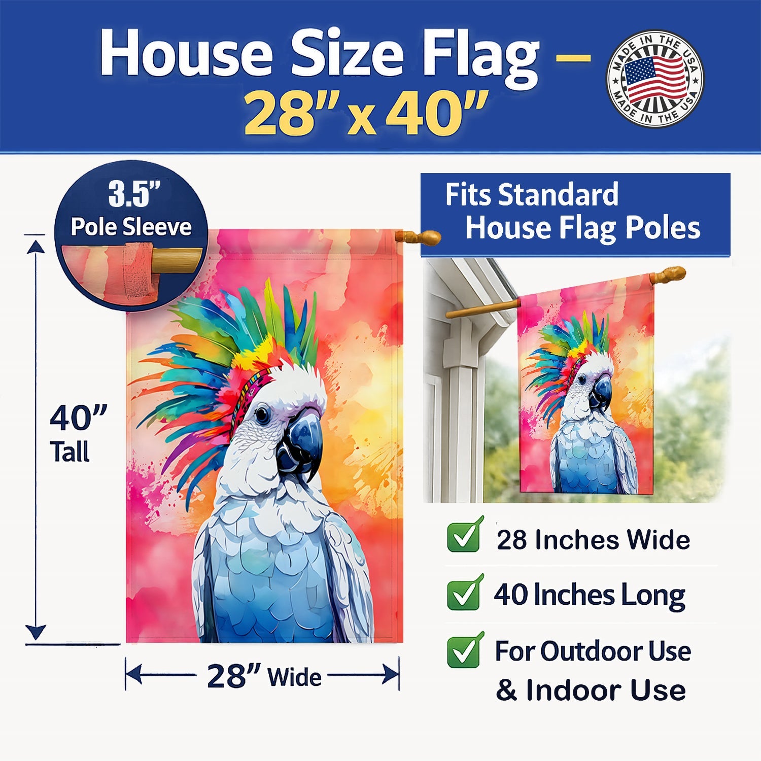 Hippie Animal Cockatoo House Flag 28x40 Porch Sleeve Pole Decorative Outside Yard Banner Artwork Wall Hanging, Polyester