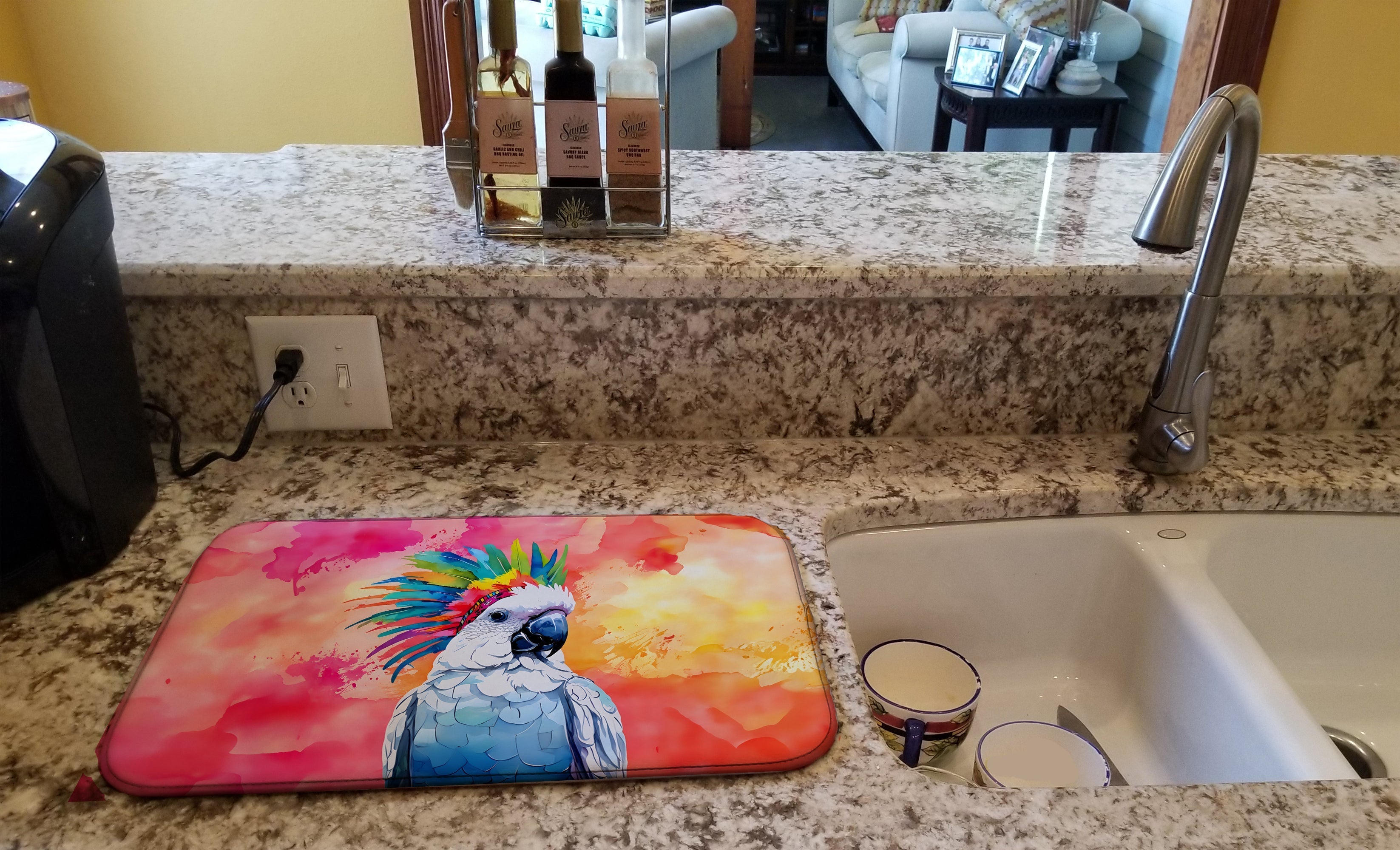 Hippie Animal Cockatoo Dish Drying Mat Absorbent Dish Drying Mat Pad for Kitchen Counter Dish Drainer Mat for Countertop, 14 x 21", Multicolor