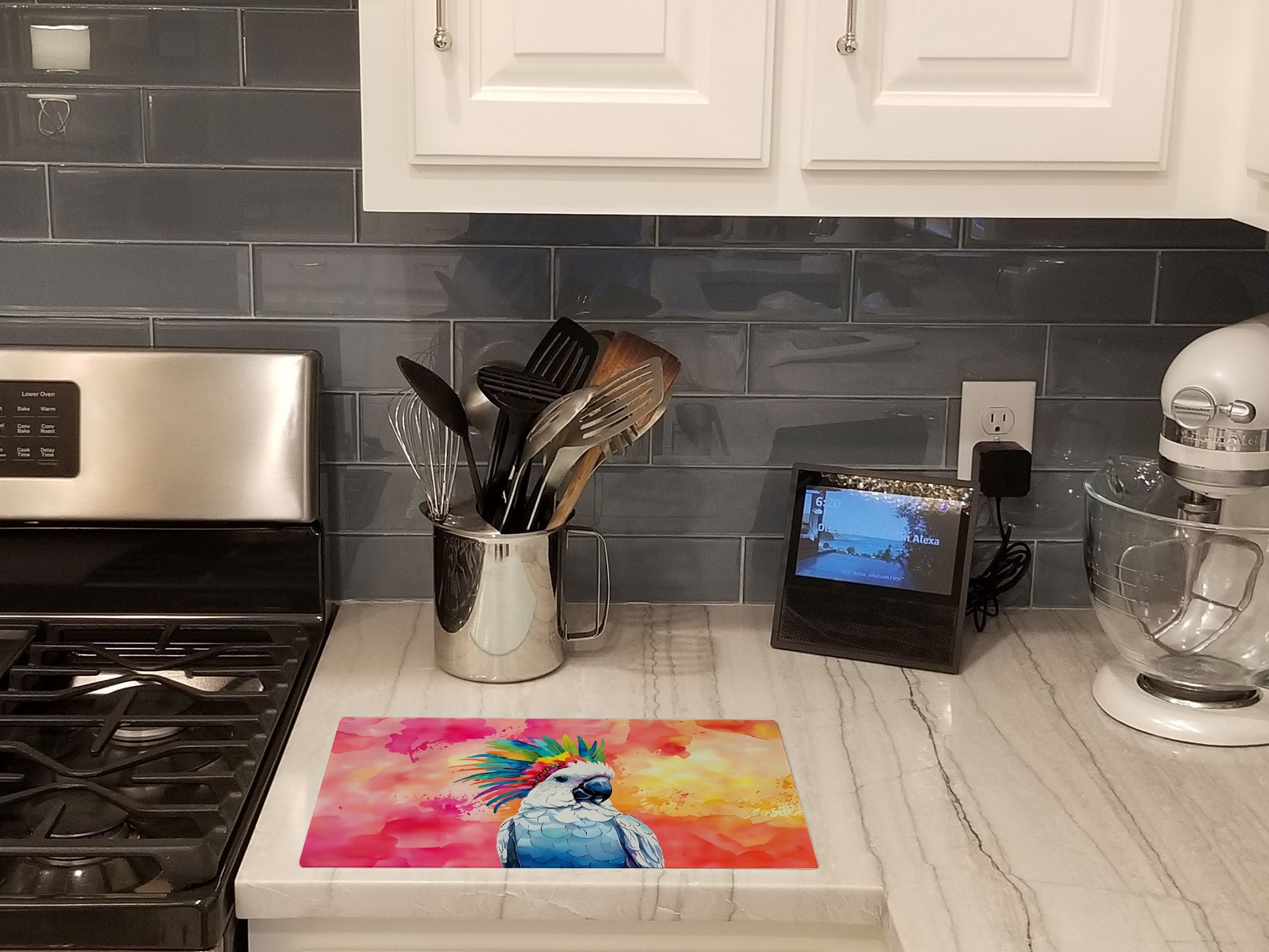 Hippie Animal Cockatoo Cutting Board Tempered Glass Kitchen Cutting Surface, Heat Resistant Chopping, Non-Slip Feet, Food Prep & Serving