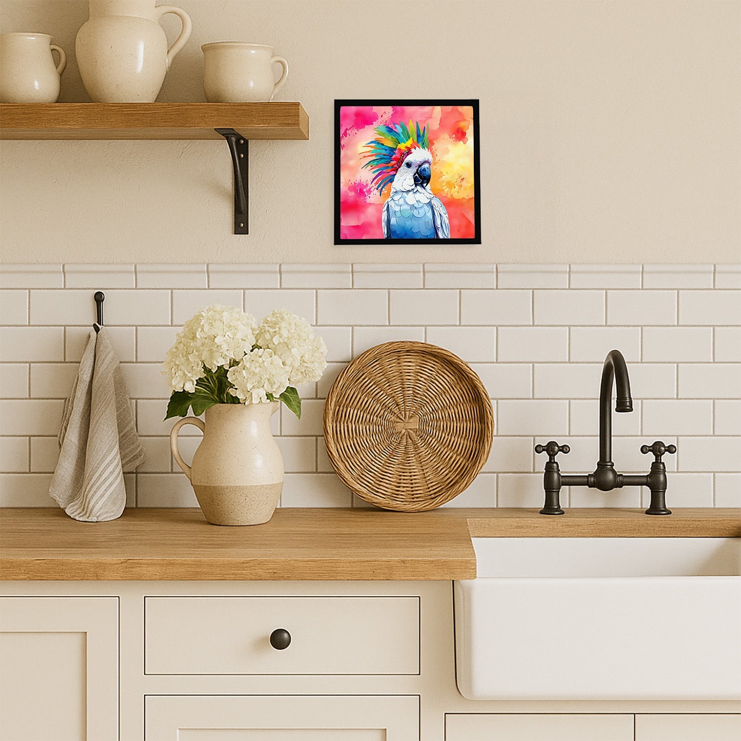 Hippie Animal Cockatoo Framed Metal Print Bathroom, Kitchen, Office, Home Decor Wall Art Ready to Hang, Square, 8X8
