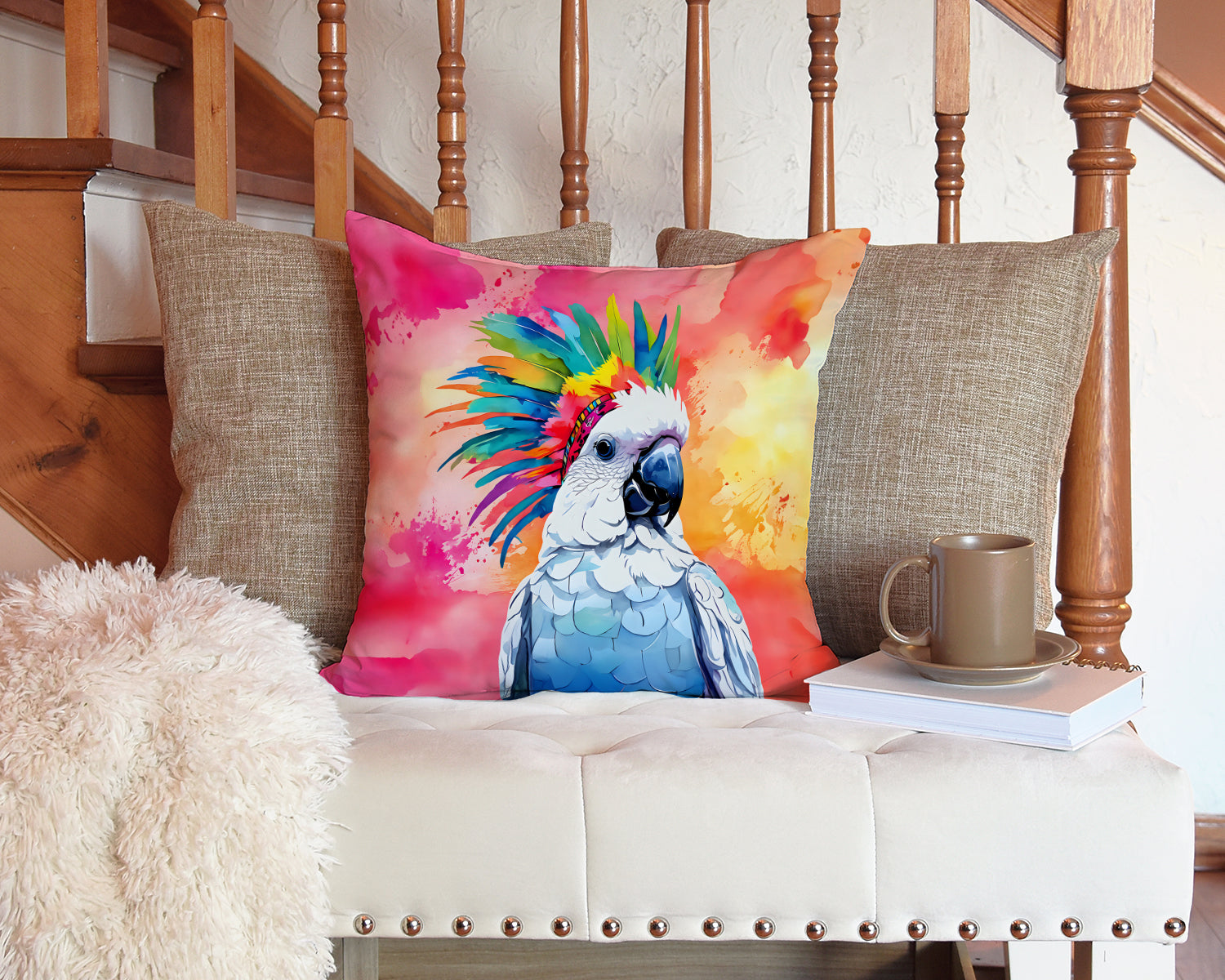 Hippie Animal Cockatoo Decorative Throw Pillow 14x14 Indoor Outdoor Accent Cushion, Fabric Cover with Insert for Sofa, Bed, Porch & Living Room