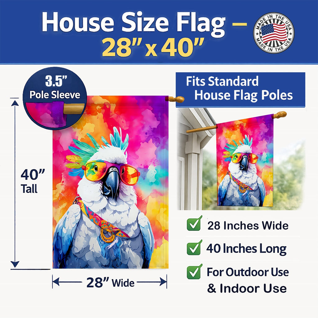 Hippie Animal Cockatoo House Flag 28x40 Porch Sleeve Pole Decorative Outside Yard Banner Artwork Wall Hanging, Polyester