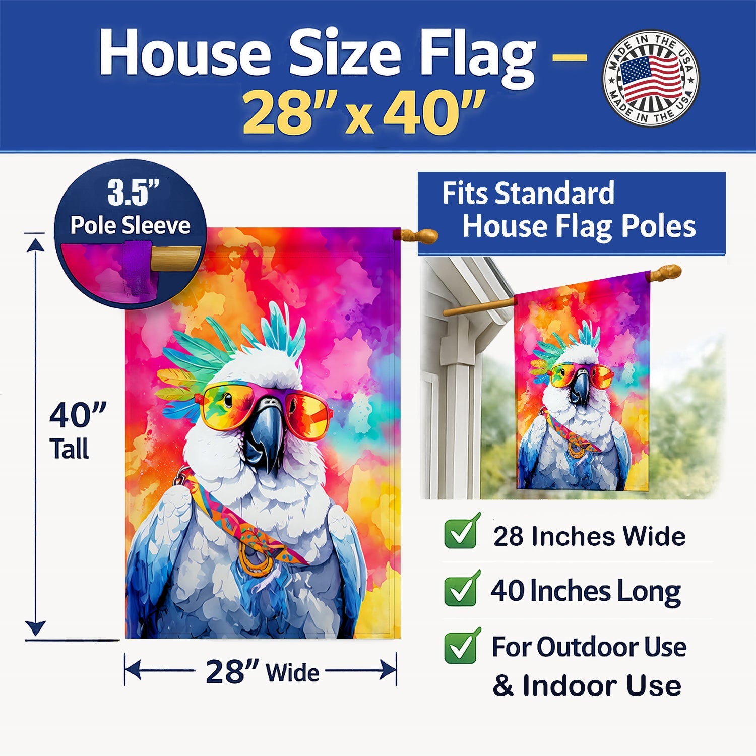 Hippie Animal Cockatoo House Flag 28x40 Porch Sleeve Pole Decorative Outside Yard Banner Artwork Wall Hanging, Polyester