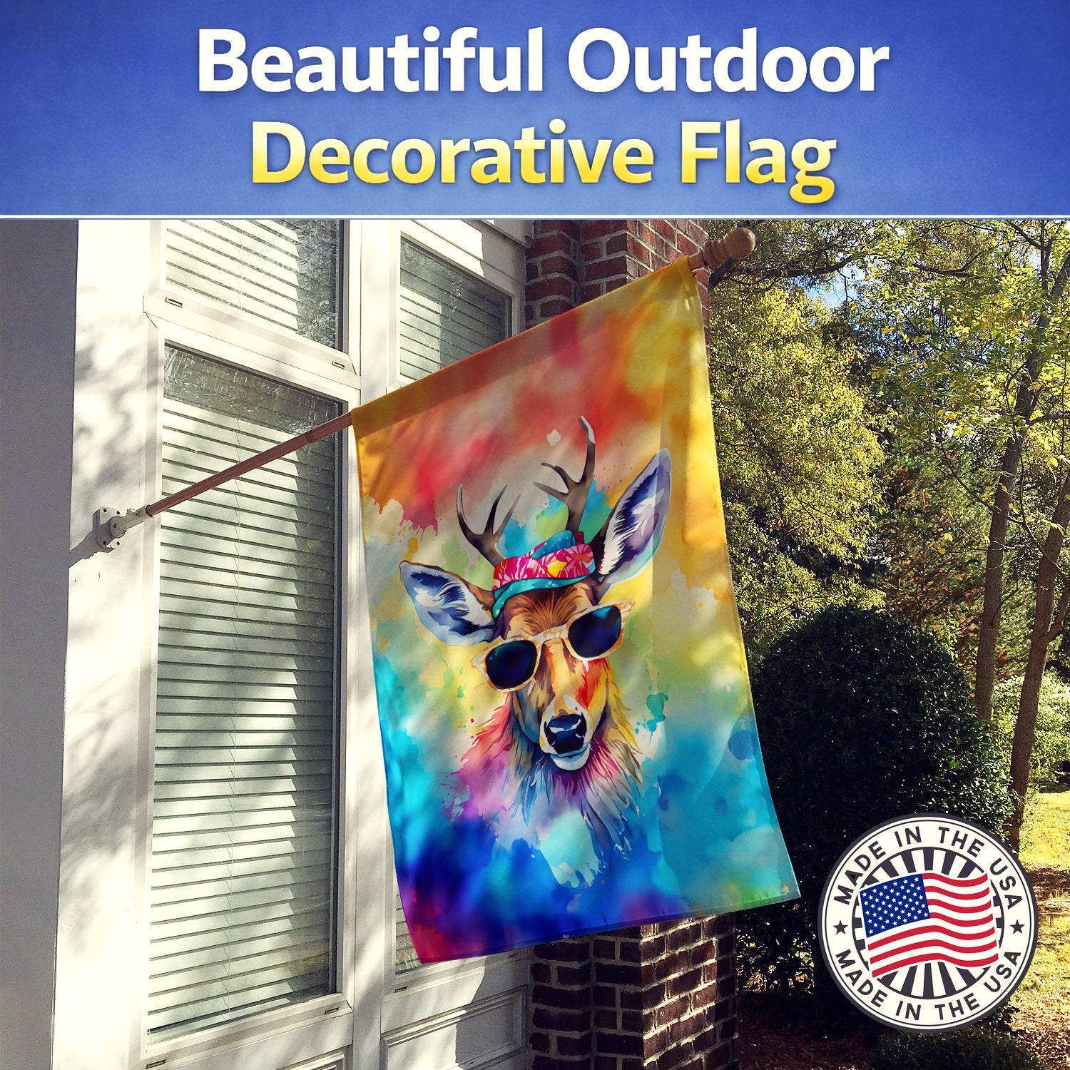 Hippie Animal Deer House Flag 28x40 Porch Sleeve Pole Decorative Outside Yard Banner Artwork Wall Hanging, Polyester