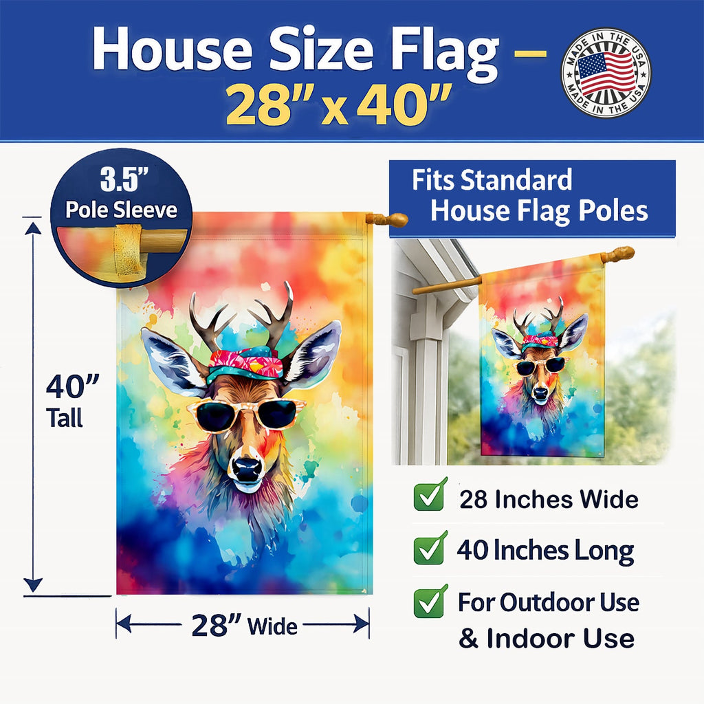 Hippie Animal Deer House Flag 28x40 Porch Sleeve Pole Decorative Outside Yard Banner Artwork Wall Hanging, Polyester
