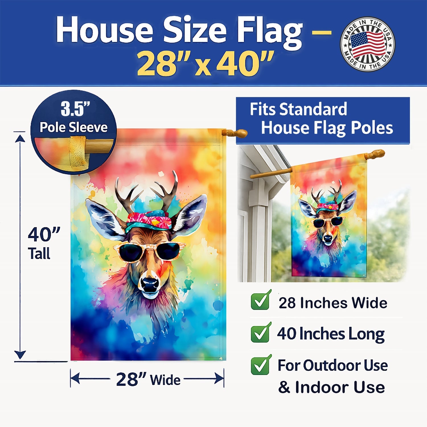 Hippie Animal Deer House Flag 28x40 Porch Sleeve Pole Decorative Outside Yard Banner Artwork Wall Hanging, Polyester