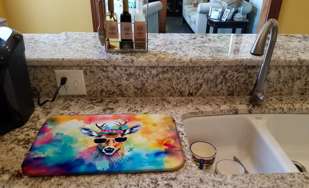Hippie Animal Deer Dish Drying Mat Absorbent Dish Drying Mat Pad for Kitchen Counter Dish Drainer Mat for Countertop, 14 x 21", Multicolor