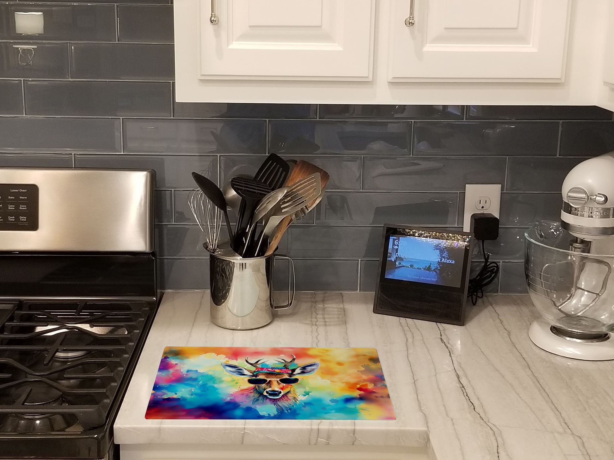Hippie Animal Deer Cutting Board Tempered Glass Kitchen Cutting Surface, Heat Resistant Chopping, Non-Slip Feet, Food Prep & Serving