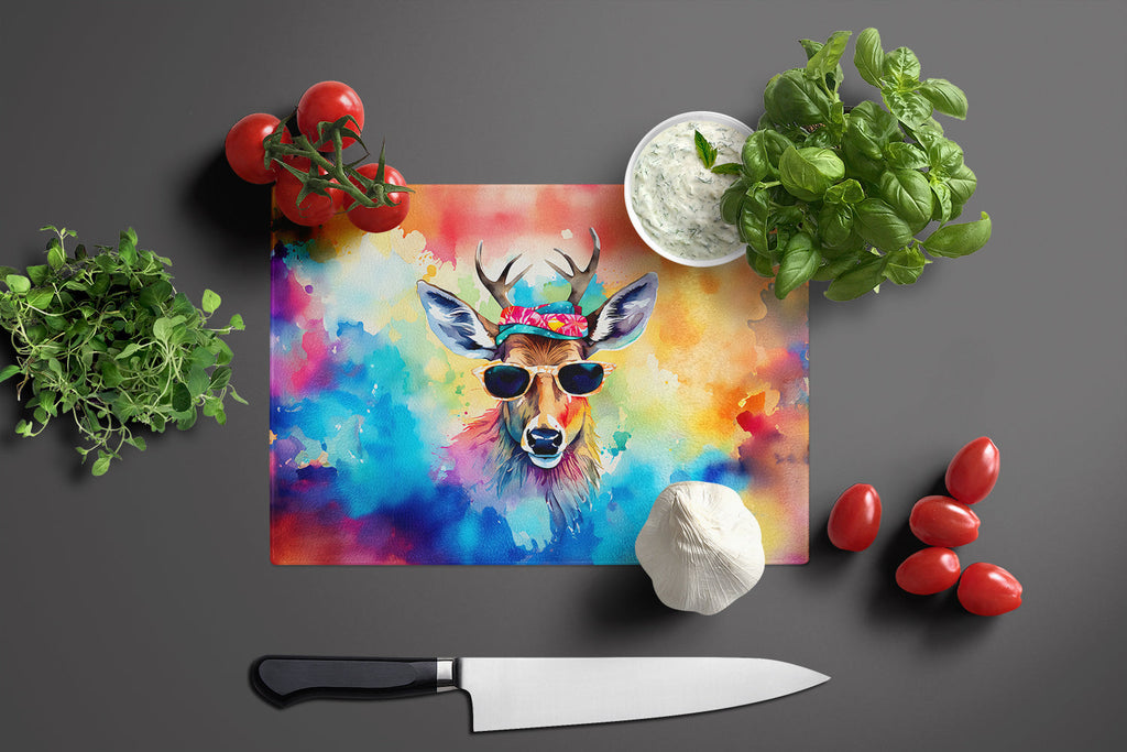 Hippie Animal Deer Cutting Board Tempered Glass Kitchen Cutting Surface, Heat Resistant Chopping, Non-Slip Feet, Food Prep & Serving