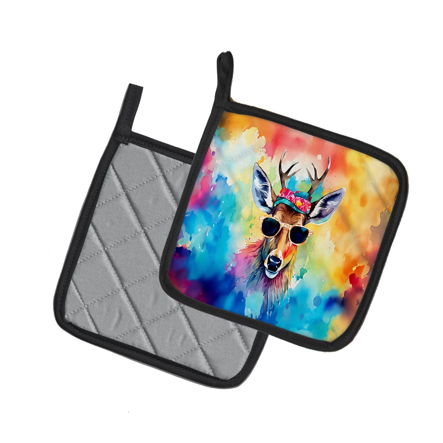 Hippie Animal Deer Pot Holder Set of 2 Heat Resistant Quilted Hot Pads 7.5 x 7.5 Inch, Insulated Kitchen Trivets for Cooking & Baking