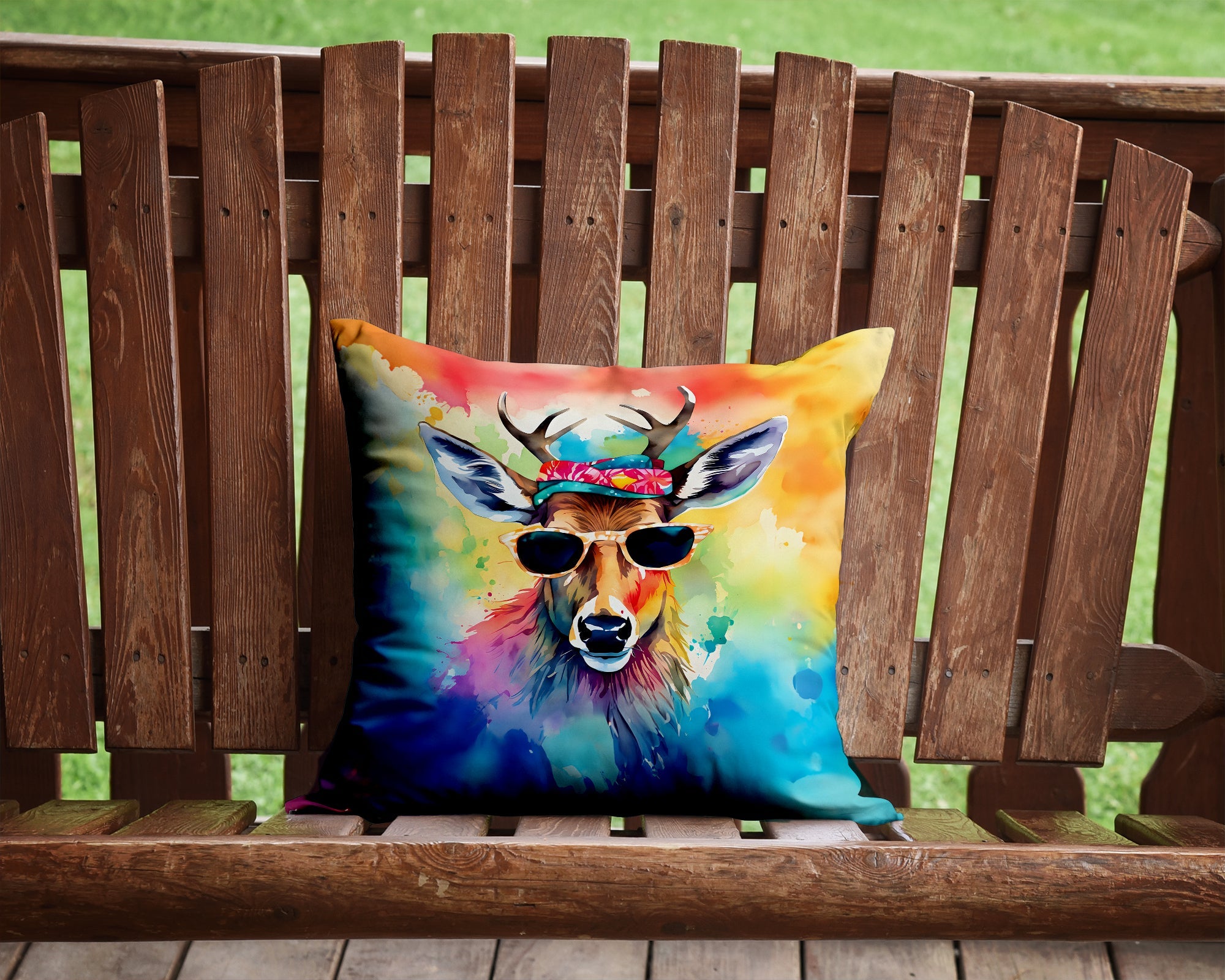 Hippie Animal Deer Decorative Throw Pillow 14x14 Indoor Outdoor Accent Cushion, Fabric Cover with Insert for Sofa, Bed, Porch & Living Room
