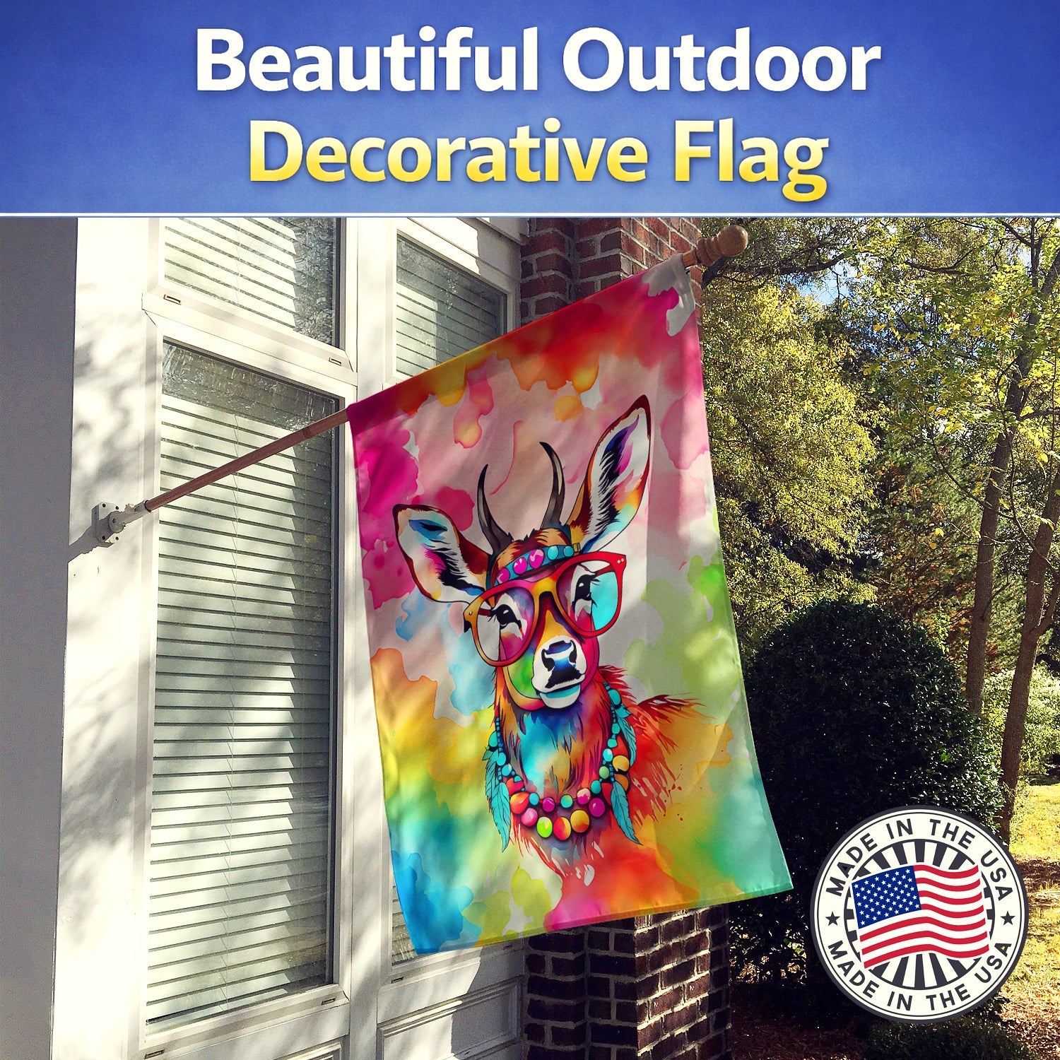 Hippie Animal Deer House Flag 28x40 Porch Sleeve Pole Decorative Outside Yard Banner Artwork Wall Hanging, Polyester
