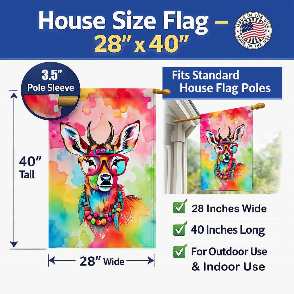 Hippie Animal Deer House Flag 28x40 Porch Sleeve Pole Decorative Outside Yard Banner Artwork Wall Hanging, Polyester