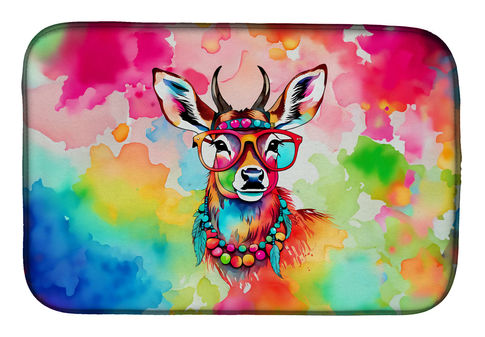 Hippie Animal Deer Dish Drying Mat Absorbent Dish Drying Mat Pad for Kitchen Counter Dish Drainer Mat for Countertop, 14 x 21", Multicolor