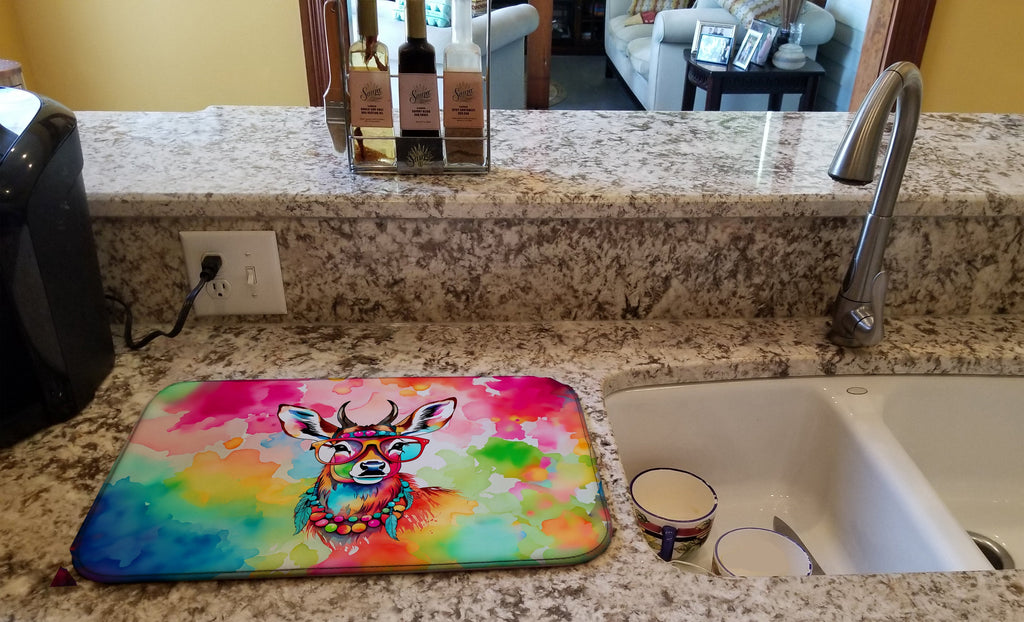 Hippie Animal Deer Dish Drying Mat Absorbent Dish Drying Mat Pad for Kitchen Counter Dish Drainer Mat for Countertop, 14 x 21", Multicolor