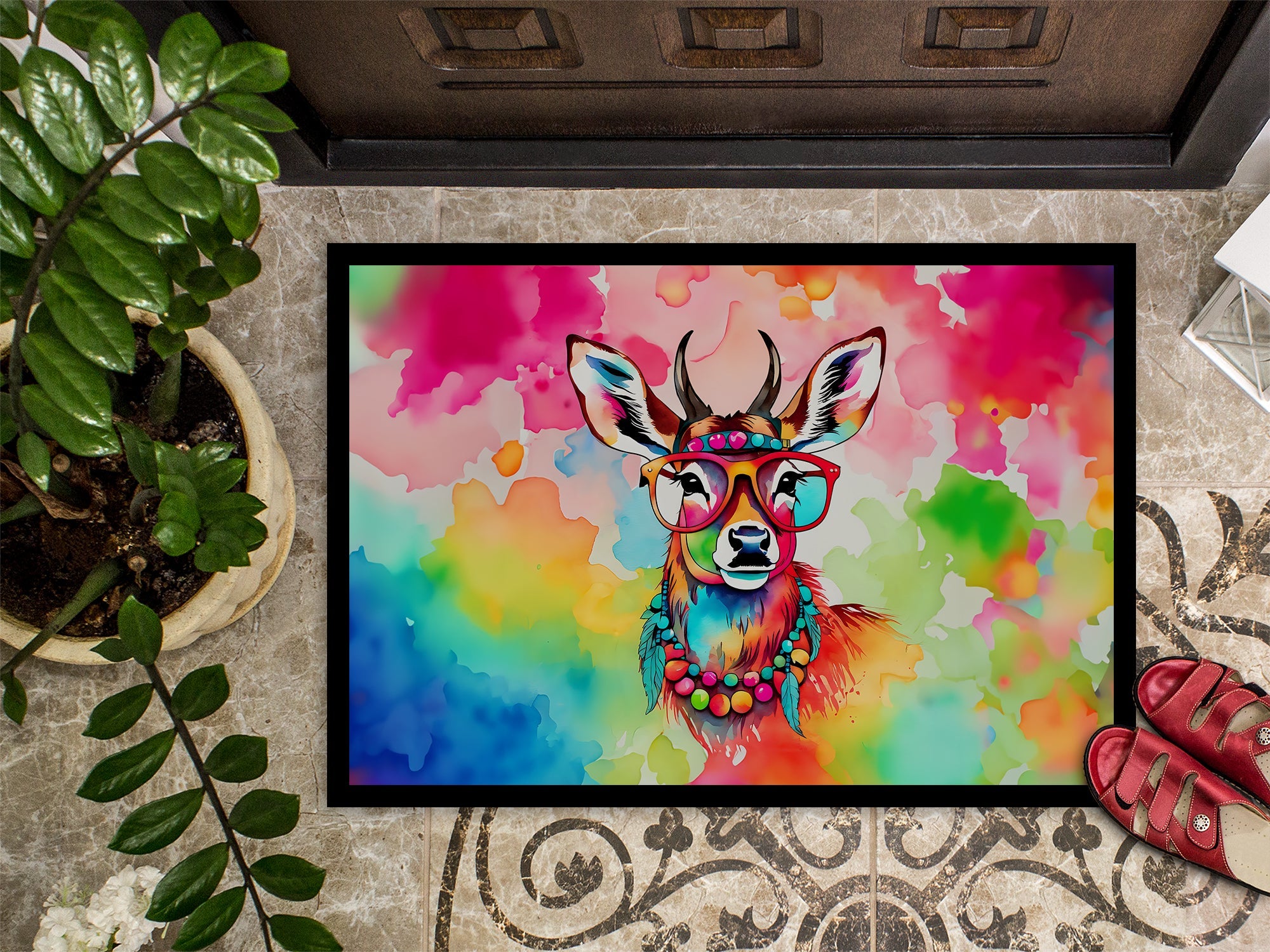 Hippie Animal Deer Doormat Indoor Outdoor 24H X 36W Front Door Mat Rugs for Entryway, Non Slip Washable Low Pile,